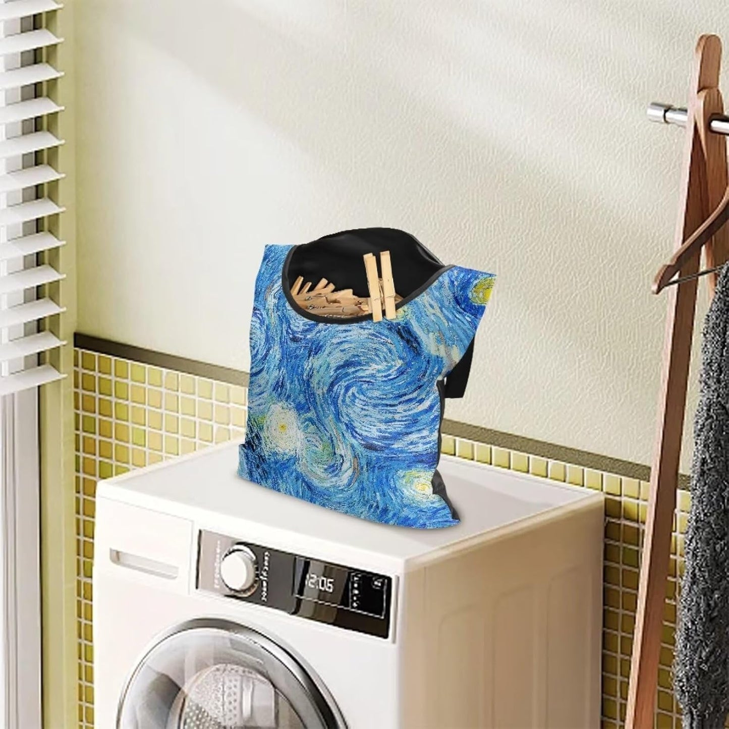 Clothes Pin Bag Clothespin Storage 14.5x12in - Creative Starry Night Print Oversized Windproof Bag with Reinforced Stitching - Heavy Duty Hanging Organizer for Frequent Laundry Use