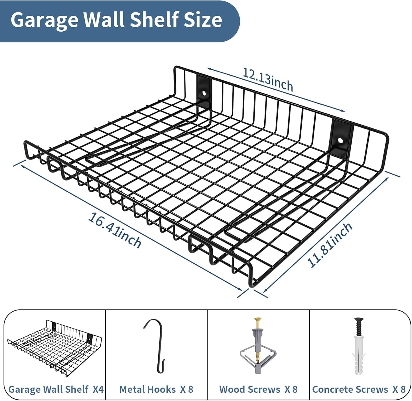 2 Pack Garage Wall Shelf, Wall Mounted Storage Shelves, Heavy Duty Metal Shelves for Room Wall, Loads 130 LBS Floating Shelves Mesh Storage Rack for Garage, Office, Basement,Wall Cabinet and Kitchen