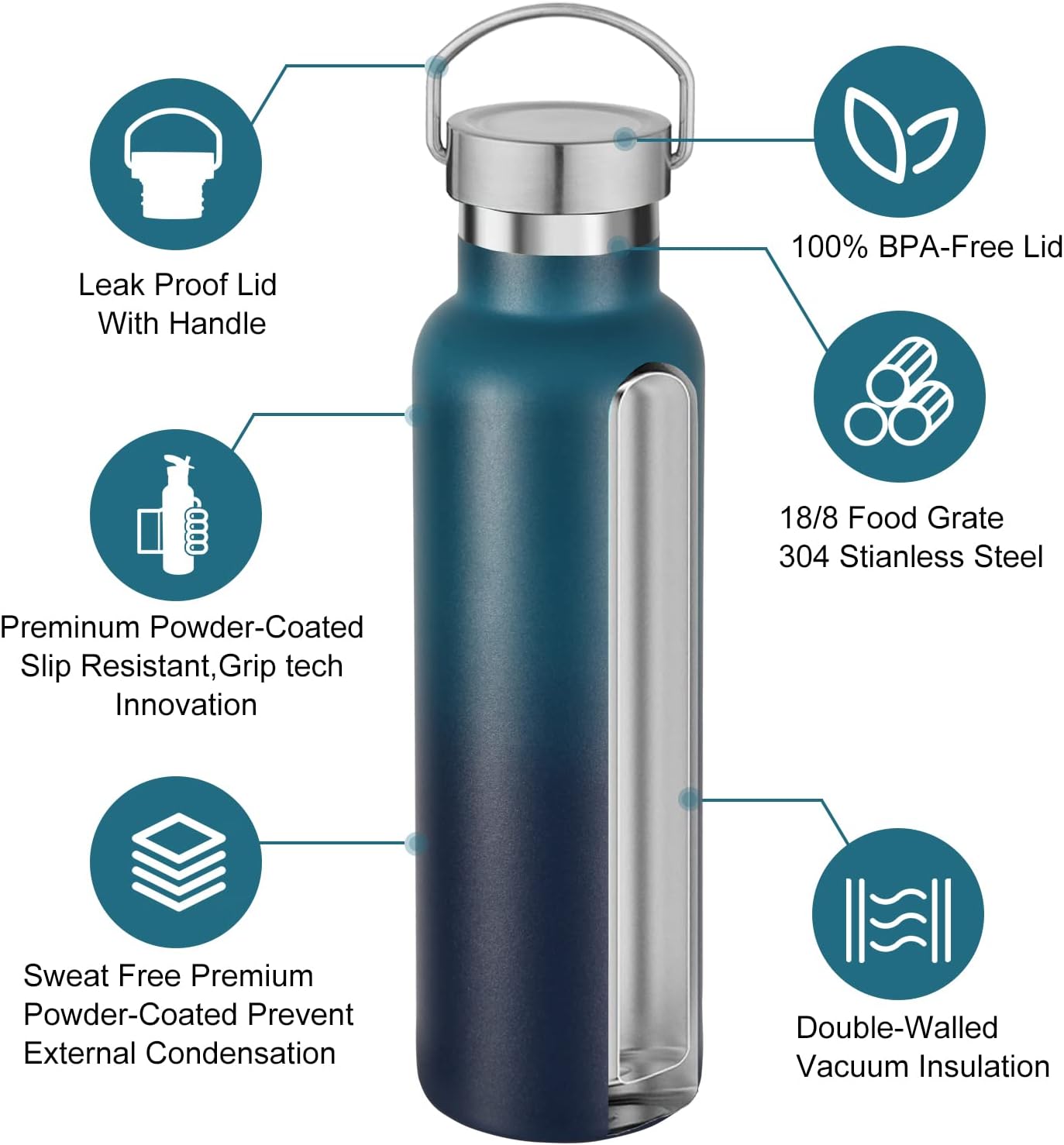 Neihepal Gradient Stainless Steel Water Bottles,20 Ounce Vacuum Insulated Double Wall Travel Bottle with Leak Proof Lid of Handle,Metal Reusable Standard Mouth Flask Thermoses for School,Hikers,Gift