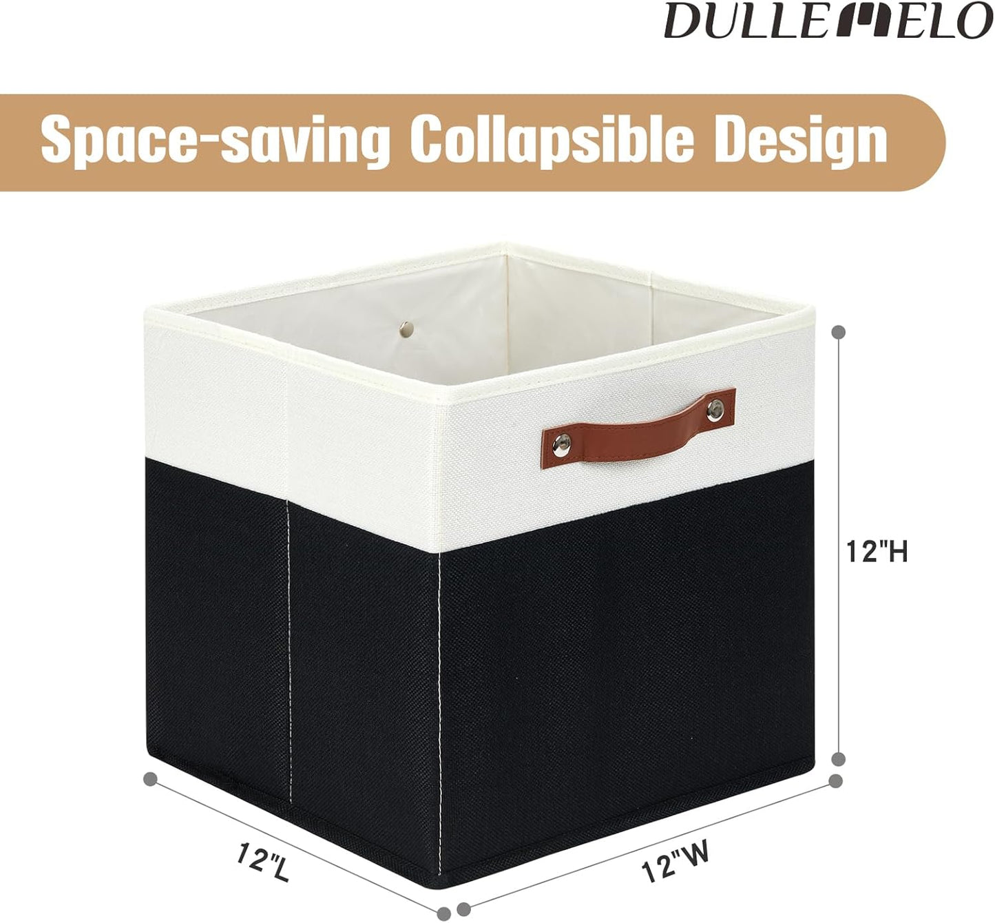DULLEMELO Fabric Storage Bins for Shelves, Cube Storage Organizer Bins with PU Handles, Set of 4 Decorative Collapsible Storage Bins for Cube Storage,White&Black