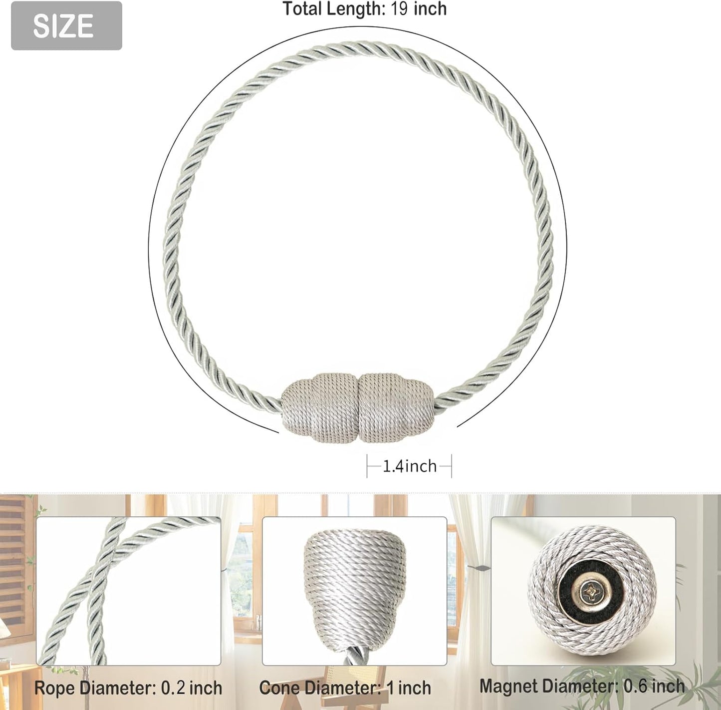 Magnetic Curtain Tiebacks - Rope Tiebacks for Curtains & Drapes, Decorative Window Holdbacks, Grey (2 Pack)