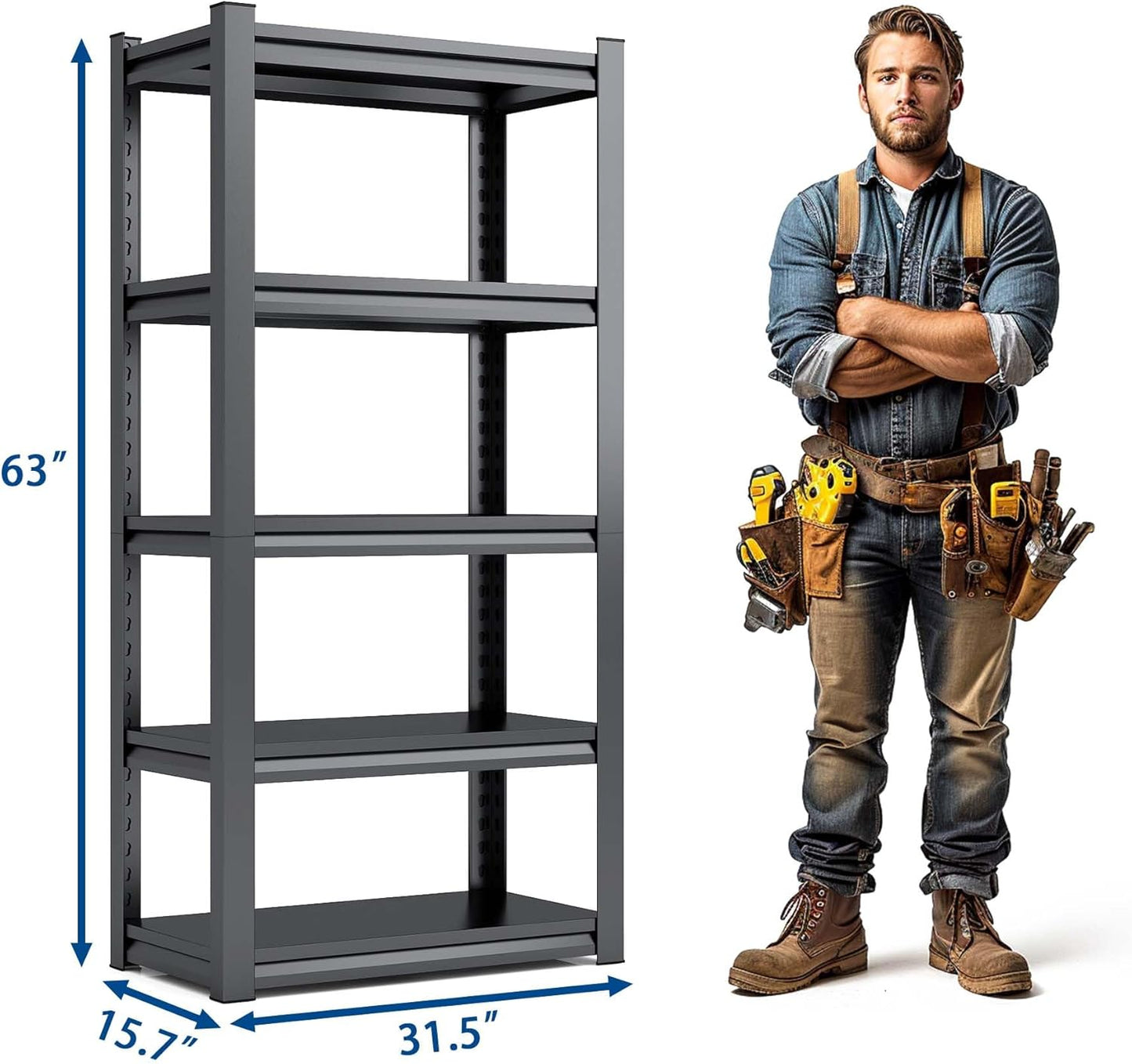 63" H Heavy Duty Garage Shelving, Metal Storage Shelves, Adjustable 5 Tier Metal Shelving Unit, Industrial Utility Rack for Garage, Warehouse, Workshop, 16" D×31.5" W×63" H, Black