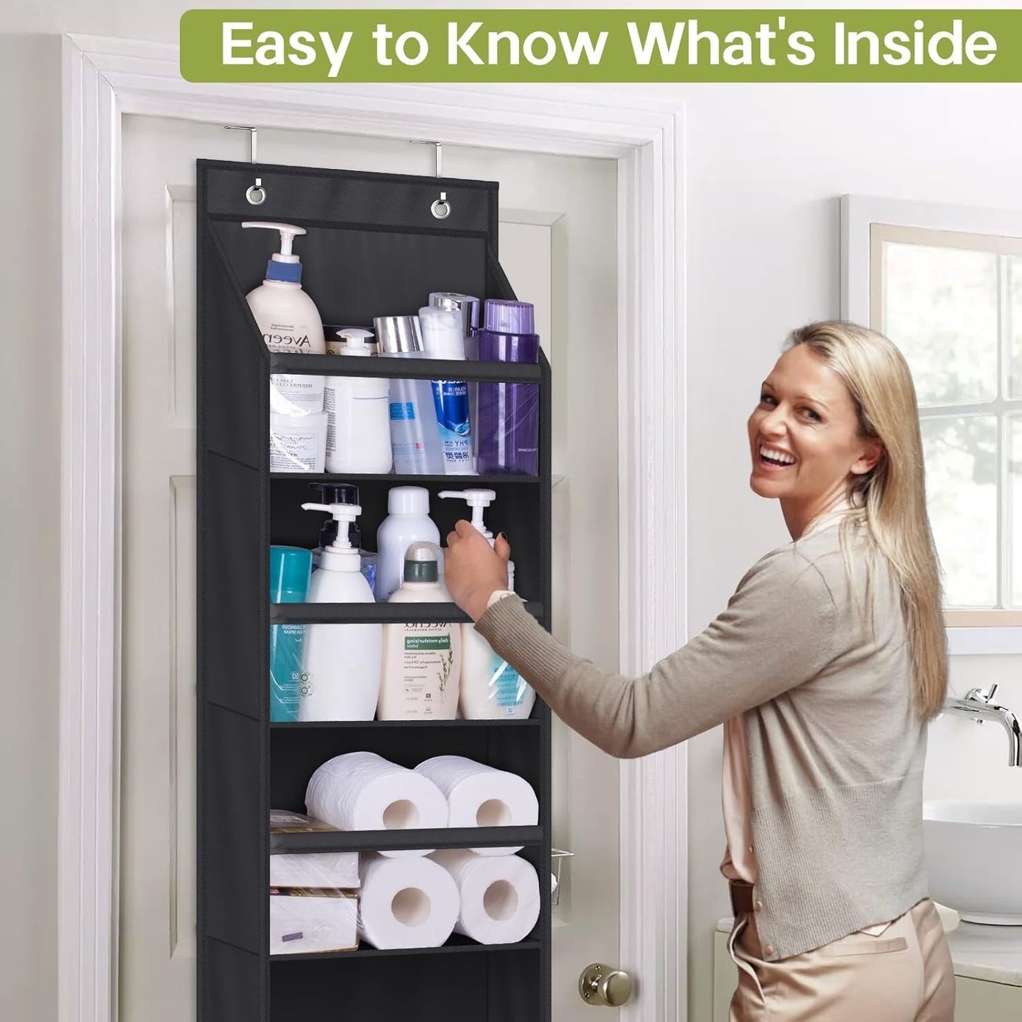 AOODA 2 Pack Over the Door Organizer, Large Capacity Closet Door Hanging Organizer, Clear Deep Pockets Baby Storage for Nursery, Bathroom, Bedroom, Pantry, Diapers (Black)