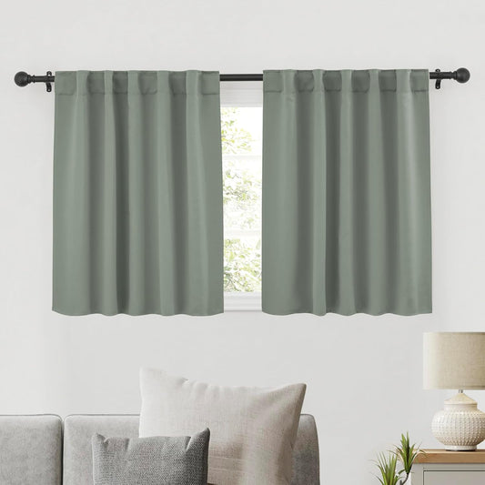 RYB HOME Short Curtains for Bedroom Kitchen, Vertical Room Darkening Drapes Thermal Insulated, Sage Green Curtains for Small Window Classroom Office, W42 x L30 Inches, 2 Panels