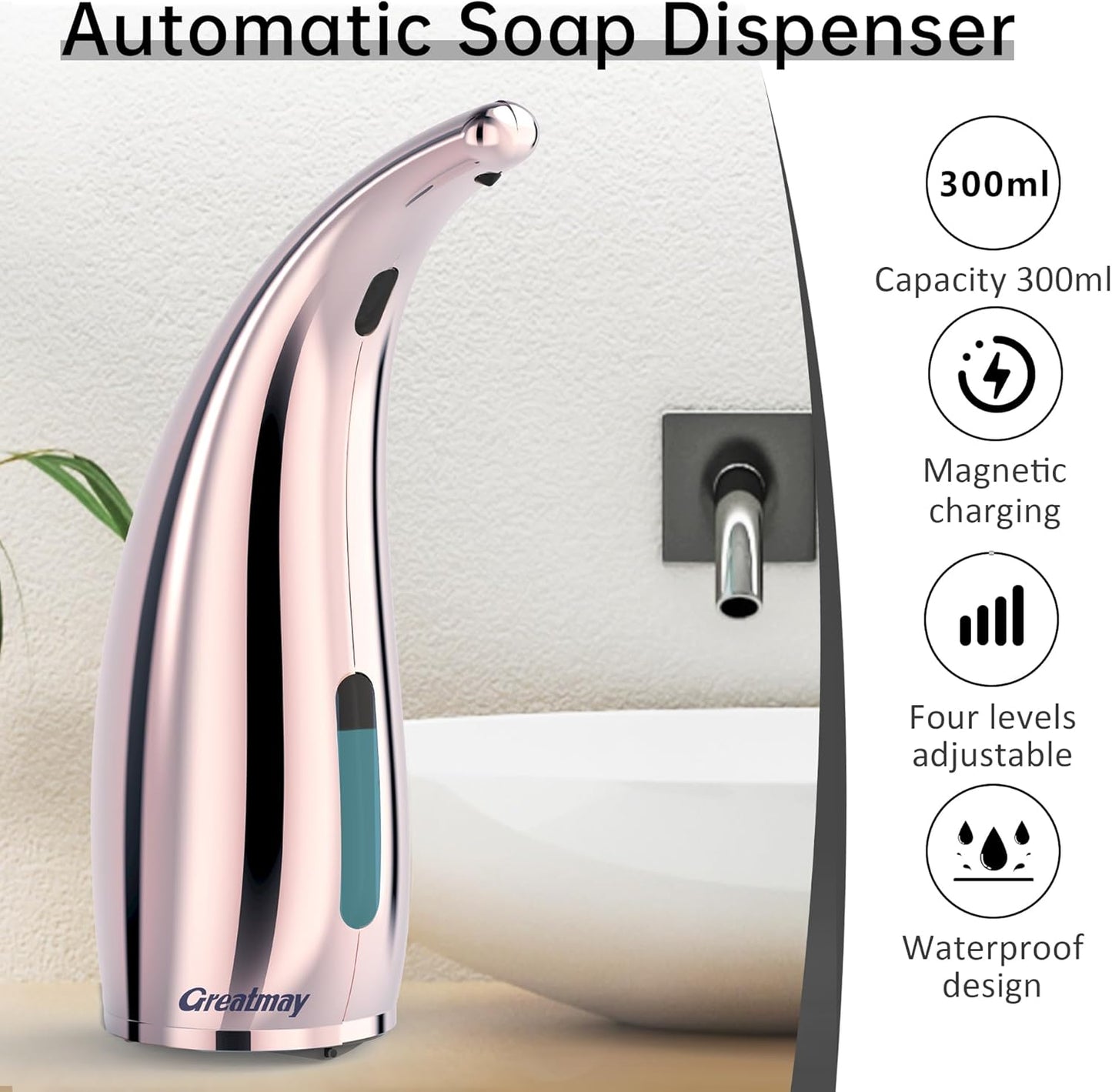 Adjustable Automatic Soap Dispenser Touchless, 4 Adjustable Levels Touchless Sensor Liquid Soap Pump Dispenser，300ml Rechargeable Magnetic Charging Hand Soap Dispenser for Kitchen，Bathroom