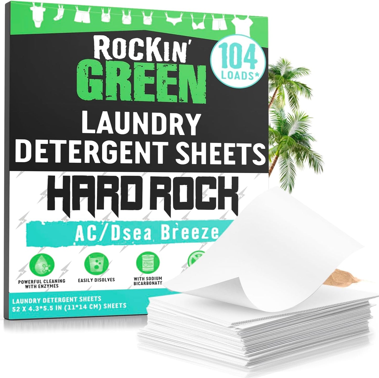 Rockin' Green Hard Rock Travel Laundry Detergent Sheets for Hard Water - Mess-Free Laundry Sheet Detergent with Sodium Bicarbonate - Easily Dissolvable Laundry Soap Sheets (104 Loads, AC/DSea Breeze)