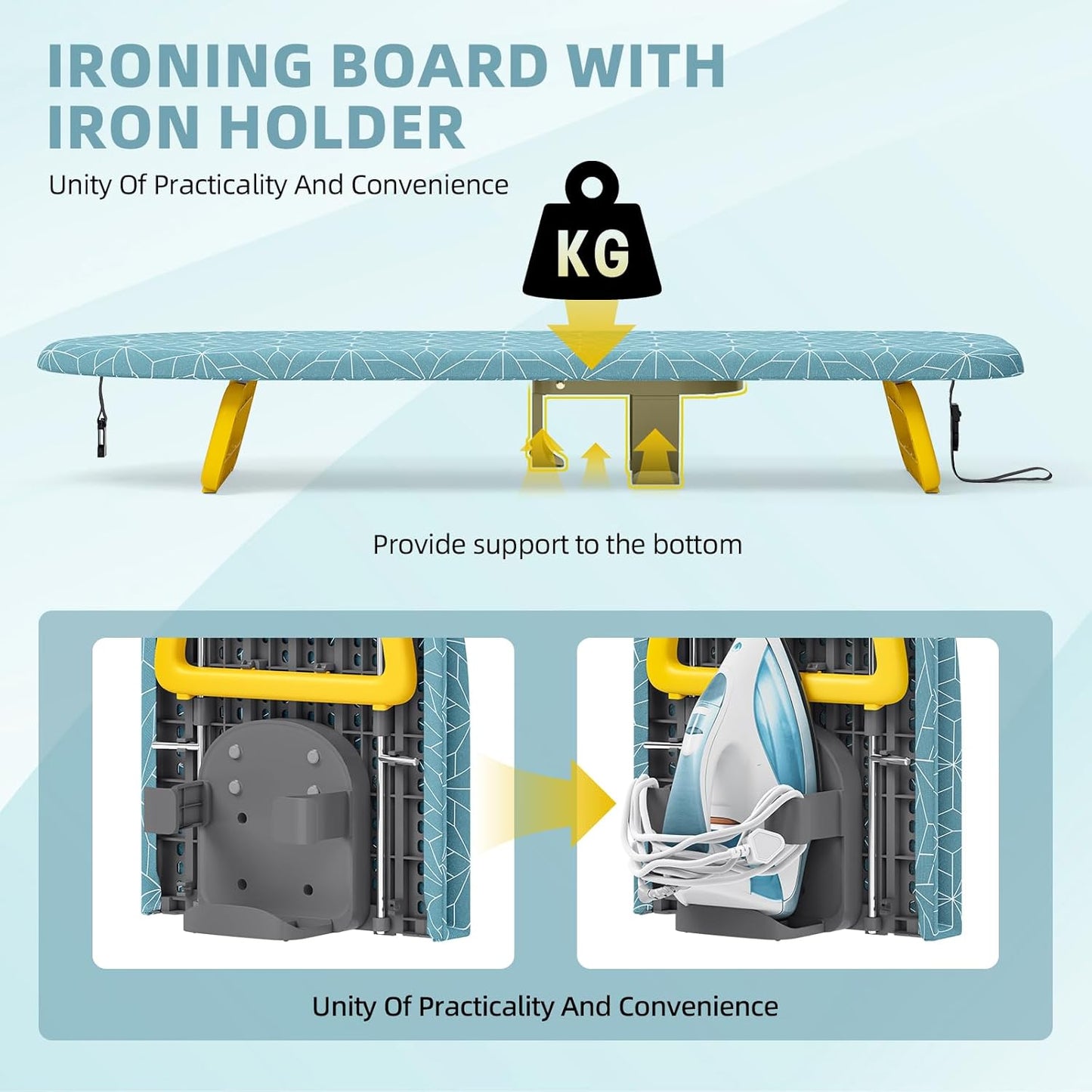 Small Ironing Board Tabletop, Foldable mini Ironing Board, Table top Ironing Boards Small, Compact Portable Ironing Boards with Iron Holder & Hanging Rope, Iron Table Stand 32x12, Light Blue