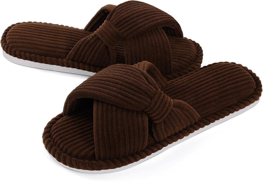 Evshine Summer House Slippers for Women Corduroy Cross Bow Indoor Slippers Open Toe Slip On Bedroom Shoes with Memory Foam