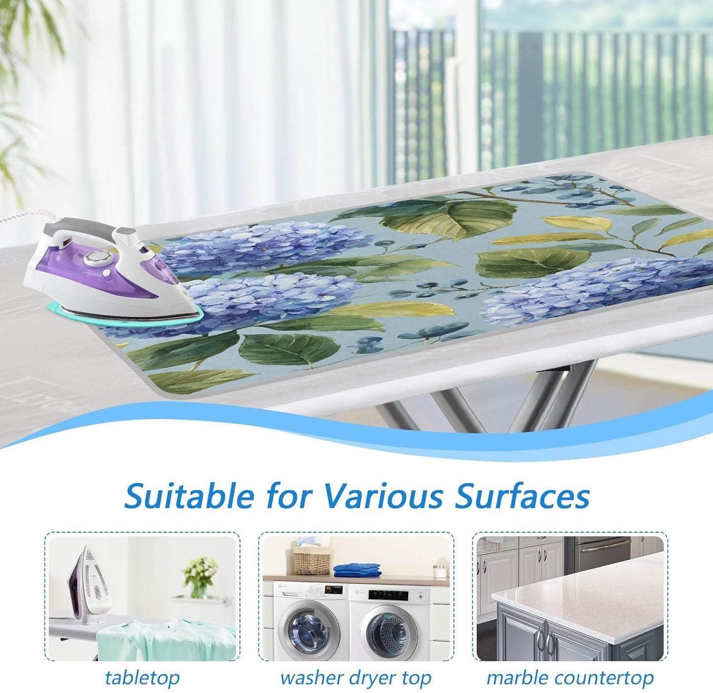 Watercolor Blue Hydrangea Ironing Mat Thickened Ironing Blanket Travel Portable Double-Side Using Ironing Pad Travel Isolate Heat Pad Cover for Washer Dryer Table Top Countertop 27.6x47.2in