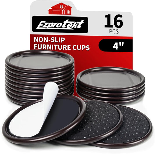 Ezprotekt 4 inch Round Non Slip Furniture Pads for Hardwood & Tile Floors, 16 Pcs Non Skid Furniture Coasters Cups Floor Protectors for Bed, Sofa, Table, Chair, Cabinet, Brown/Black