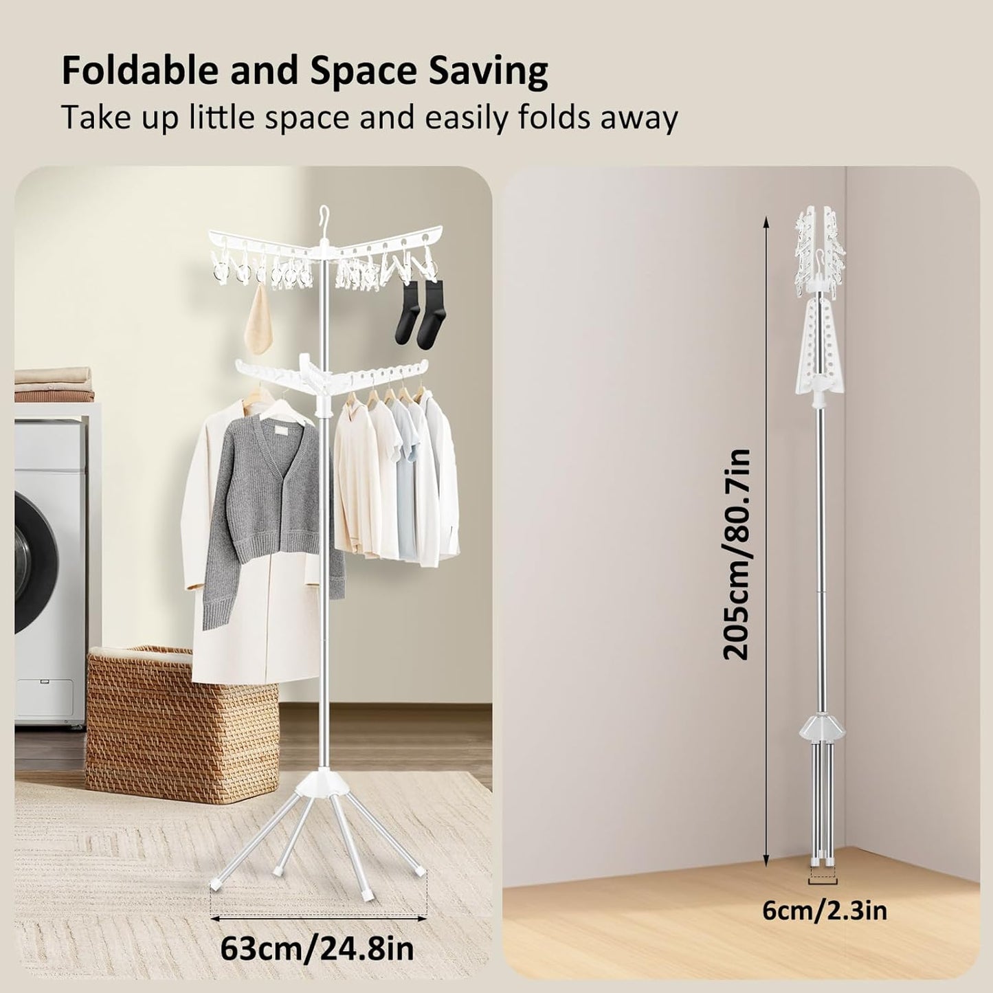 SUYU Clothes Drying Rack,Folding Clothes Drying Tree, 2 Layer with 24 Clips and 3 Rotatable Arms,66.9-Inch Indoor Clothes Rack,Stainless Steel,4 Legs,White and Silver SNJ102