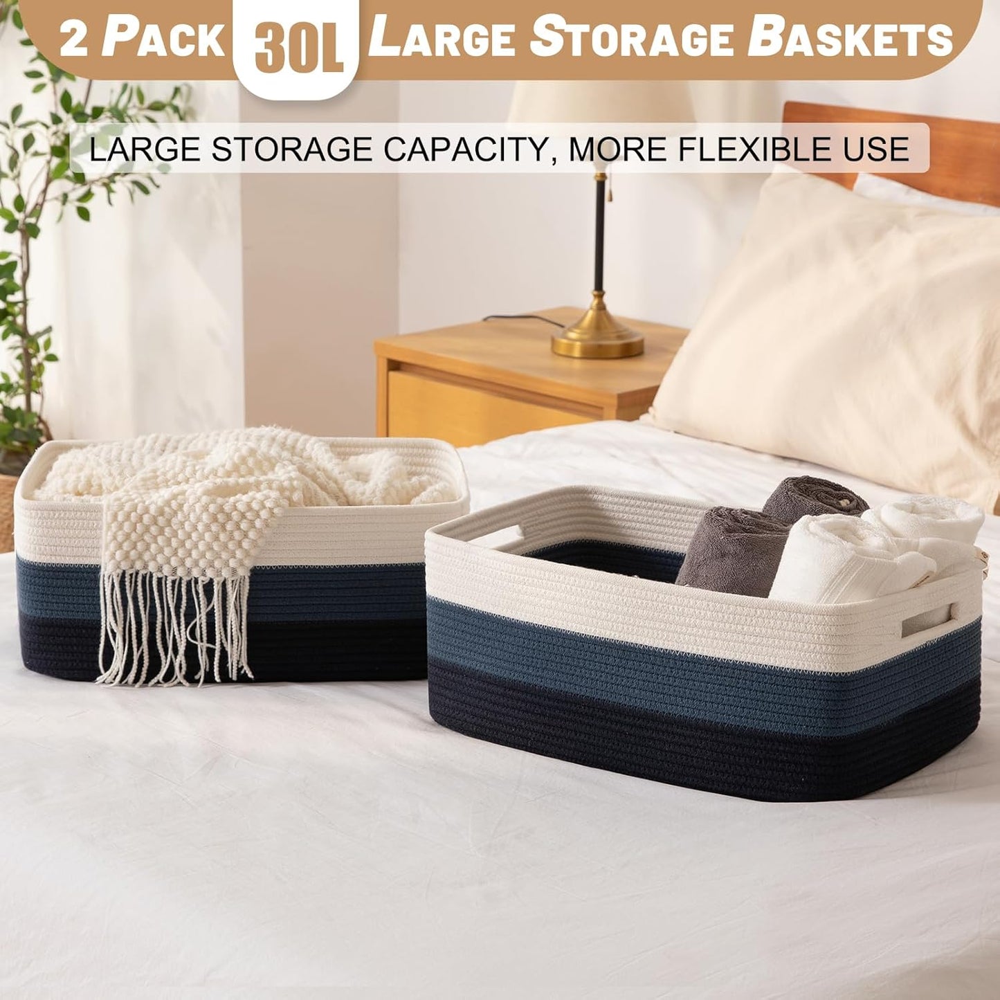 Large Storage Basket for Organizing, Woven Rope Basket for Shelves, Closet Organizer Bins for Clothes, Blanket, Toys, Baby Nursery Storage, 17.7" x 13" x 7.87", 2 Packs Gradient Blue