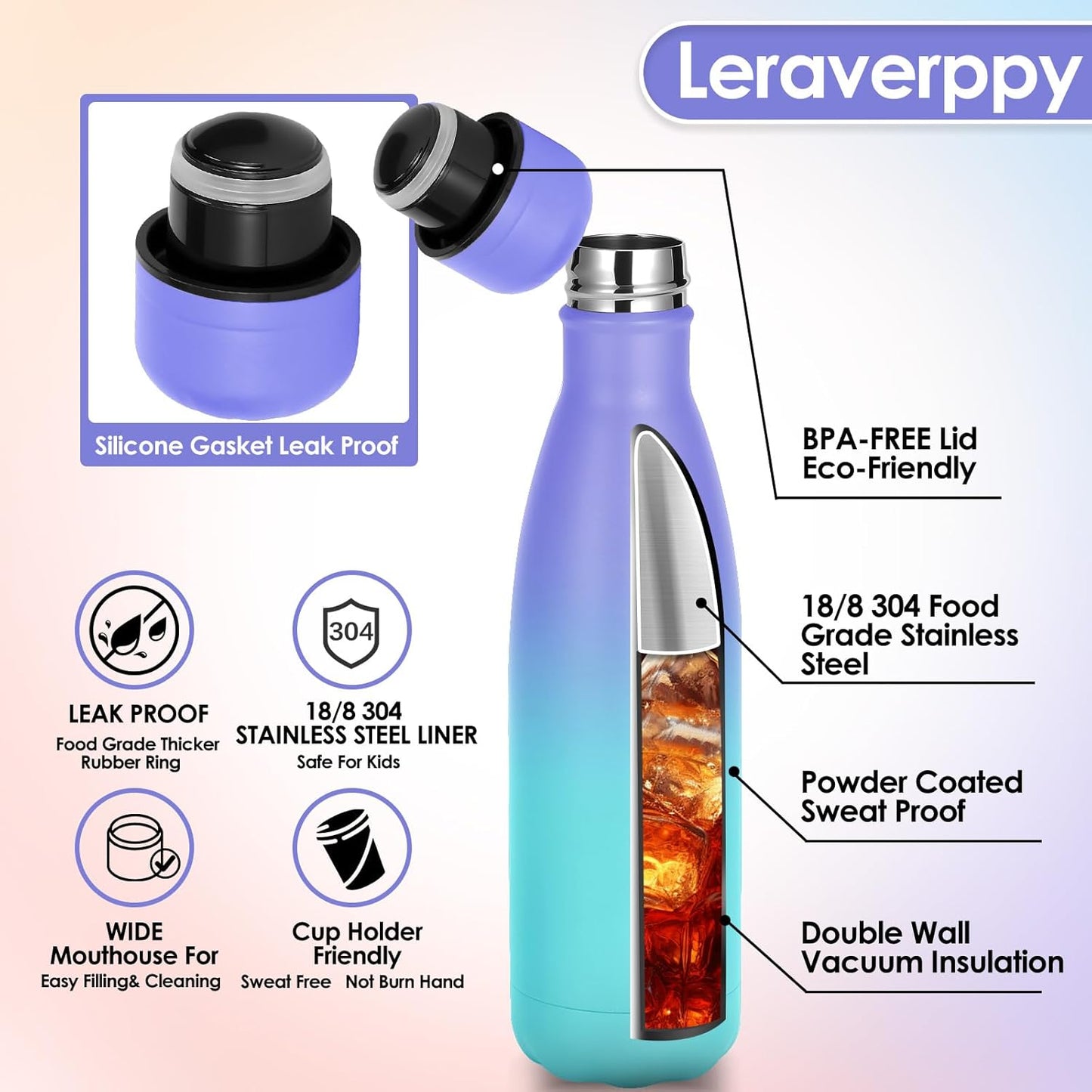 17oz Cola-Bottle Shaped Stainless Steel Leak-proof Water Bottle,Double Wall Vacuum Insulated Metal,Travel Mug For Sports Indoors & Outdoors,BPA-Free Kids Flasks,Purple Blue(1Pack)