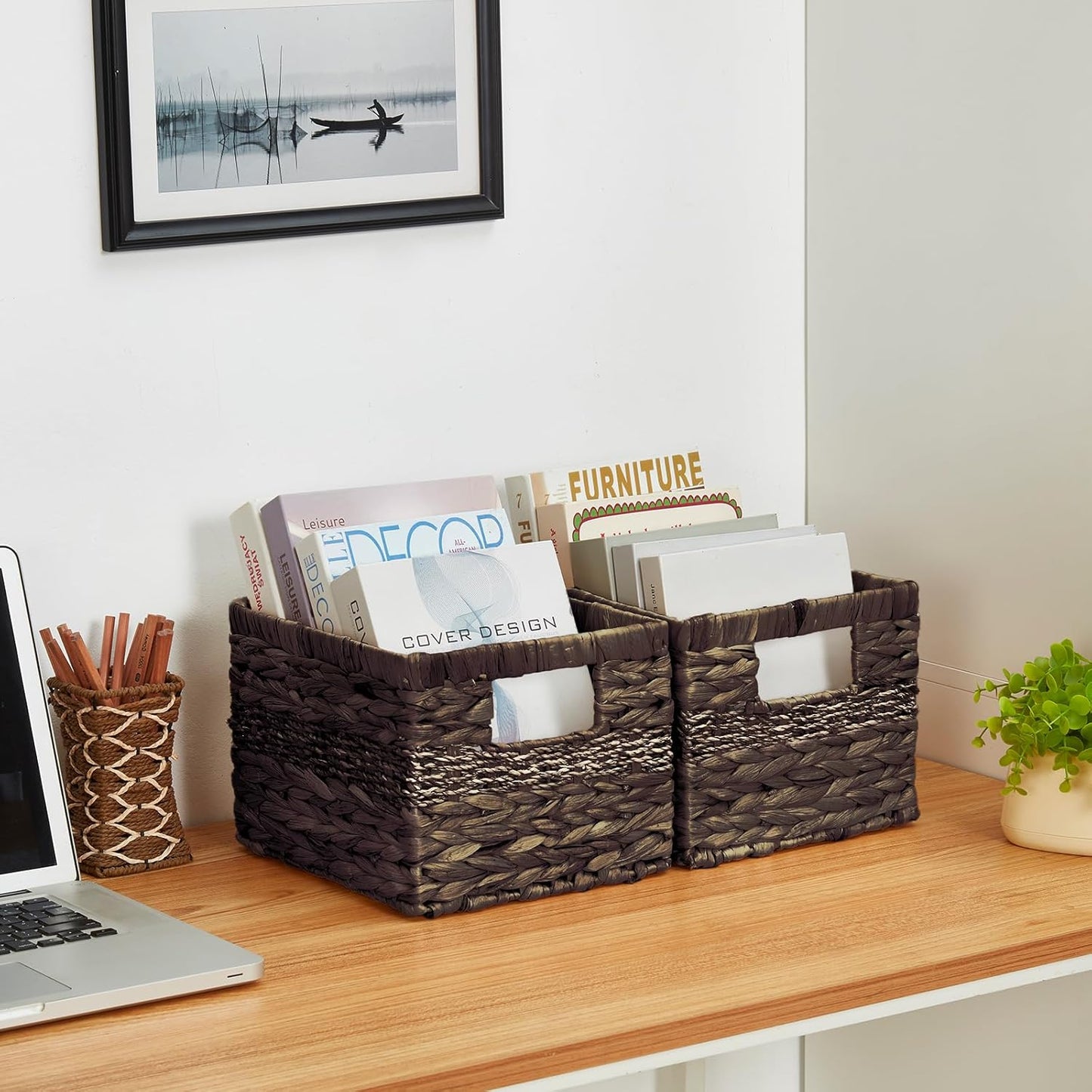 Water Hyacinth Wicker Basket, Decorative Woven Baskets with Built-in Handles, Hand-woven Storage Organizer for Organizing Pantry, Livingroom, Bedroom, Shelves, Toilet(2-PACK, Brown)