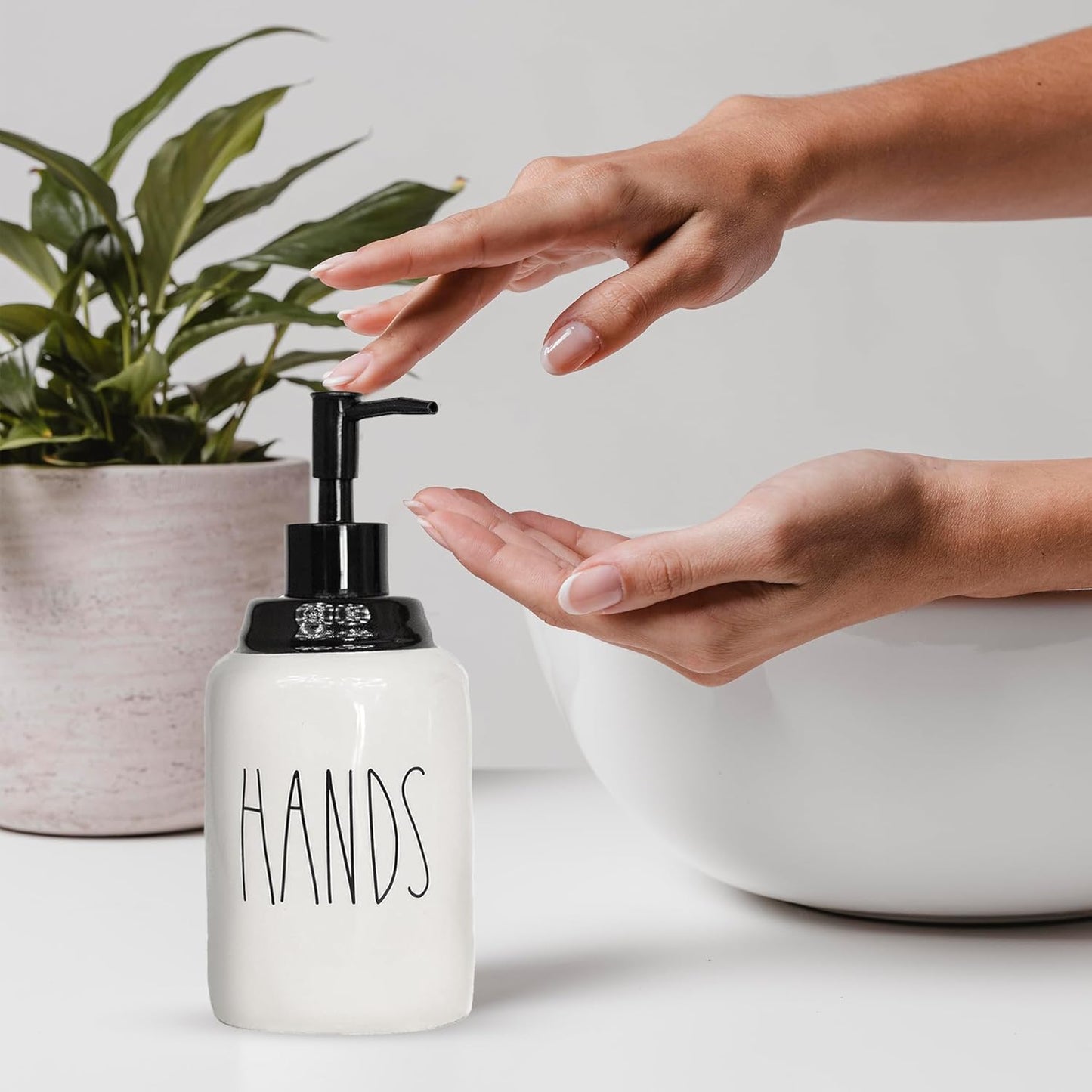 Modern Farmhouse Ceramic Dishes and Hands Soap Dispenser Set for Kitchen | Stainless Steel Pumps | 14oz, White Bottles | Kitchen Décor for Counter