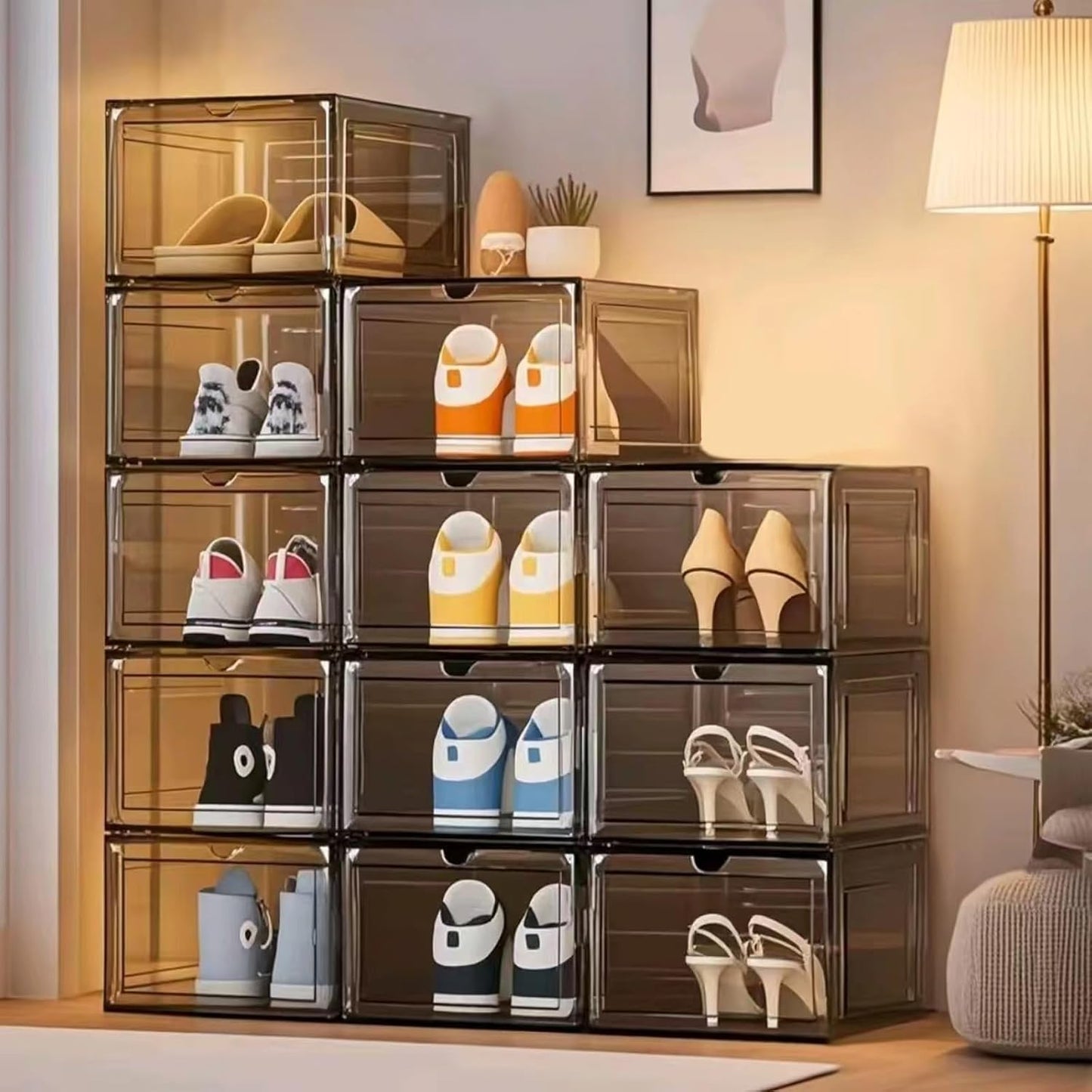 8 Pack Shoes Box Display Case Thicken Shoe Organizer Stackable Boxes for Closet Space-Saving Shoe Rack, Size 13, Black