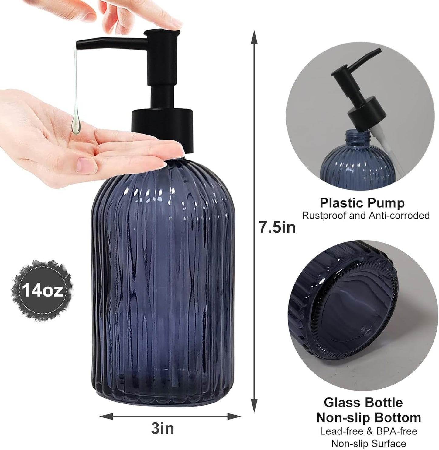 Glass Soap Dispenser with Black Plastic Pump, 13.5oz Refillable Hand Soap Dispenser for Kitchen, Bathroom, Great for Lotions, Essential Oil, Liquid Soap(Grayish Blue)