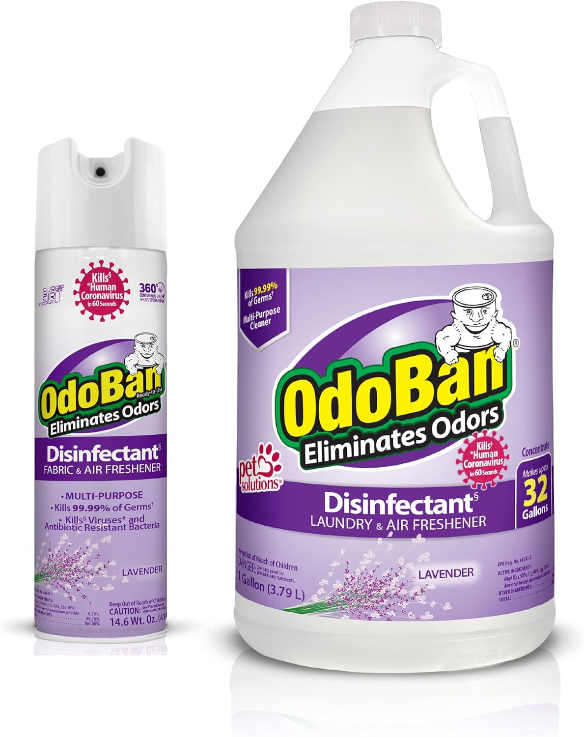 OdoBan Ready-to-Use Disinfectant and Harsh Aroma Eliminator, Set of 2, 14.6 Ounce 360-Degree Continuous Spray Fabric/Air Freshener and 1 Gallon Multi-Purpose Cleaning Concentrate, Lavender Scent