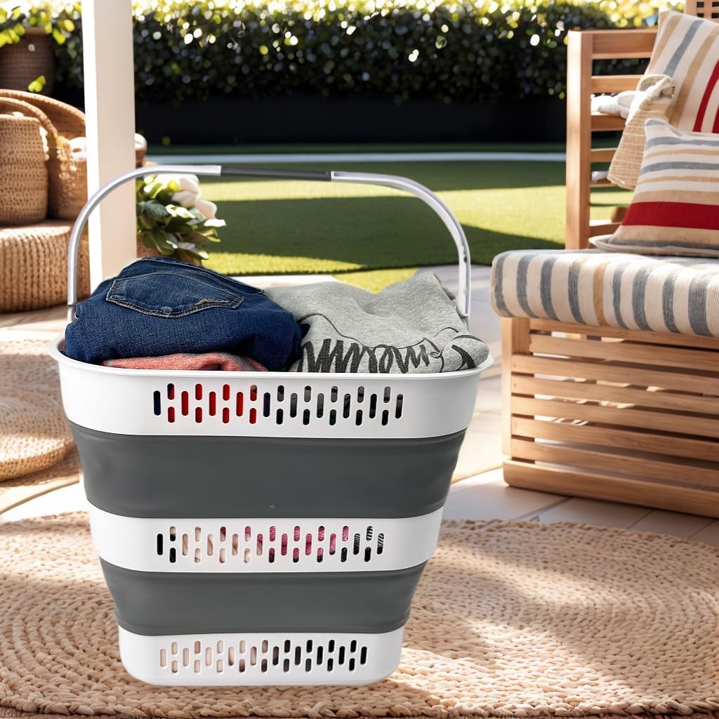 SAMMART 40L (10.5 Gallon) Collapsible Plastic Laundry Basket with Handles - Foldable Pop Up Storage Container/Organizer - Portable Laundry Hamper - Space Saving (1, White/Steel Grey)