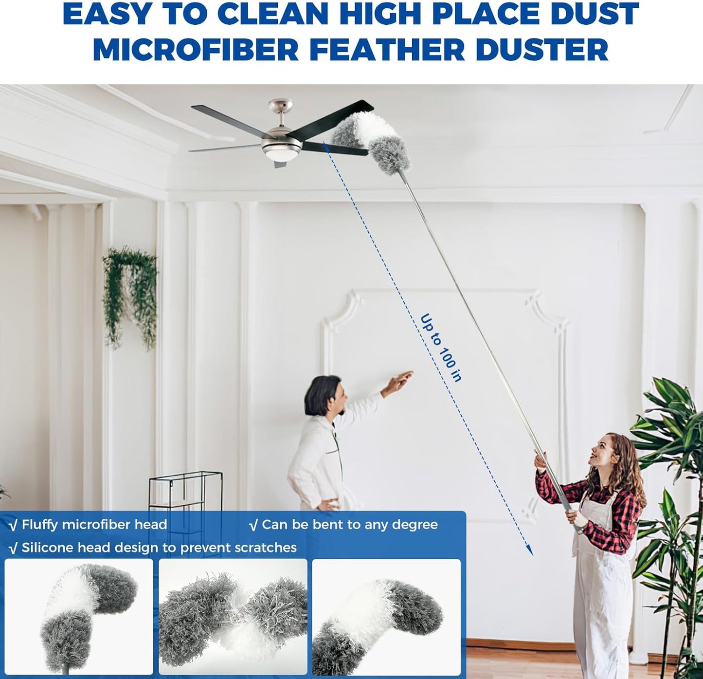 4 Pcs Dusters for Cleaning, 2 in 1 Microfiber Dusters and Retractable Gap Dust Cleaner with 1 Microfiber Dusting Cloths Long Handle 30-100 Inches Extension Pole for Ceiling Fan Cleaning Supplies