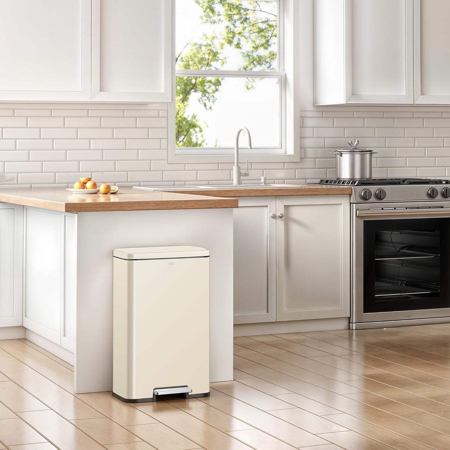 EKO Madison Vanilla Stainless Steel 50 Liter/13.2 Gallon Step Trash Can with Inner Liner - Fingerprint Resistant Finish
