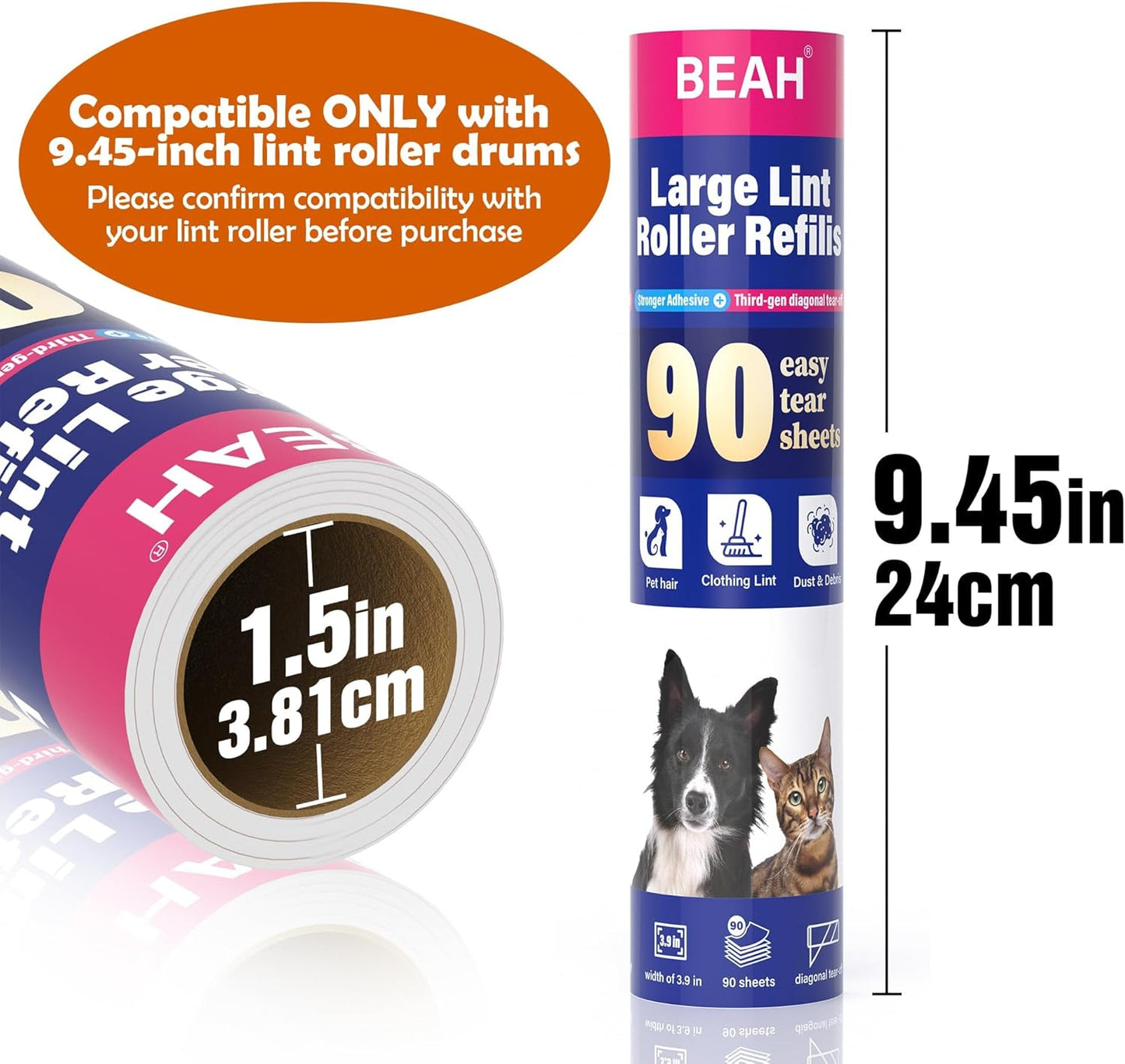 9.45 Inch Extra Sticky Lint Roller Refills 3 Pack (270 Sheets) –Compatible with 9.45 Inch Lint Rollers Pet Hair and Lint Cleaning on Furniture, Carpets, and Clothes