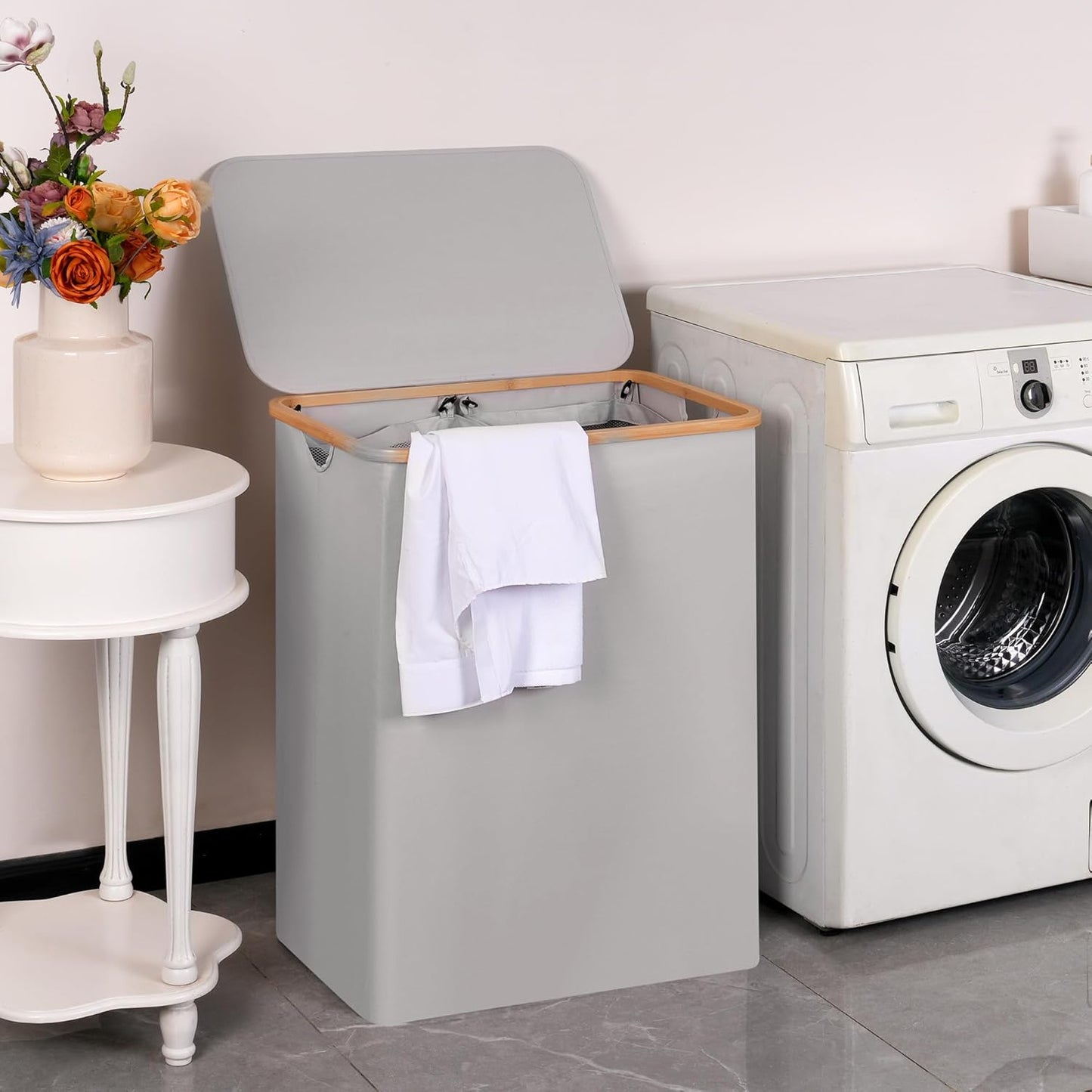 Double Laundry Hamper with Lid, Divided Laundry Hamper with Removable Bags, 2 Section Dirty Clothes Basket with Handles for Bathroom, Bedroom & Laundry Room, 160L Dove Gray