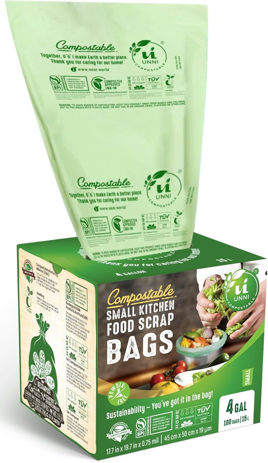 UNNI Compostable Trash Bags, 4 Gallon / 15 Liter, 200 Count, Extra Thick 0.75 mil Small Kitchen Food Scrap Bin Liners, BPI, CMA & OK compost HOME Certified (Meets ASTM D6400)