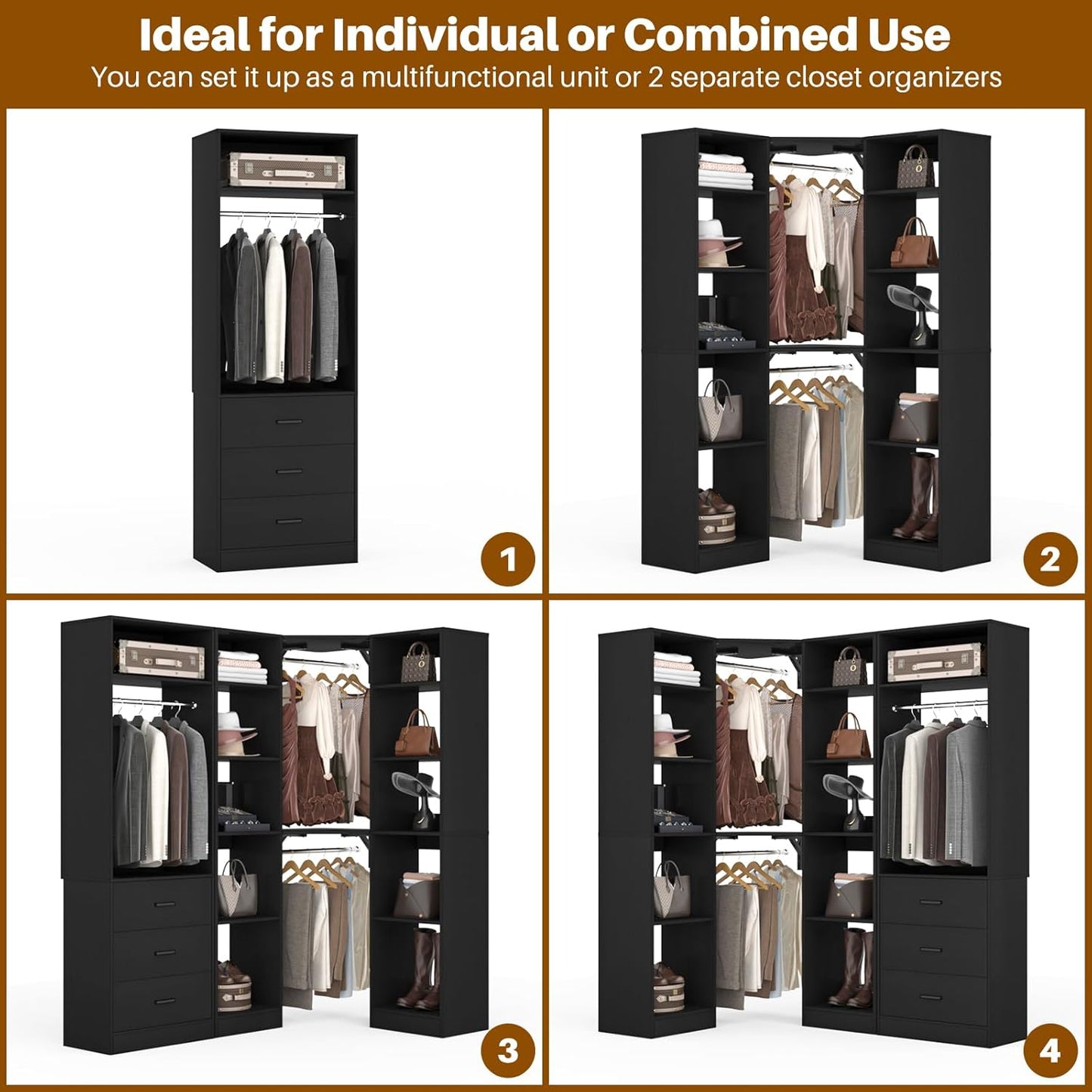 Corner Closet System with 3 Drawers, Corner Closet Organizer System with 13 Shelves & 3 Hanging Rods, 63.2"L * 39.2"W Reversible L Shaped Walk-in Closets, Load 2000+LBS, Black