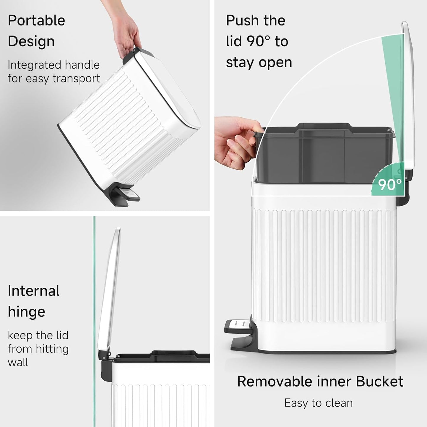 TIPGO Slim Bathroom Trash Can with Lid Soft Close, Step Pedal, 6 Liter / 1.6 Gallon Stainless Steel Trash Bin, Small Garbage Cans for Bedroom, Office, Kitchen (White)