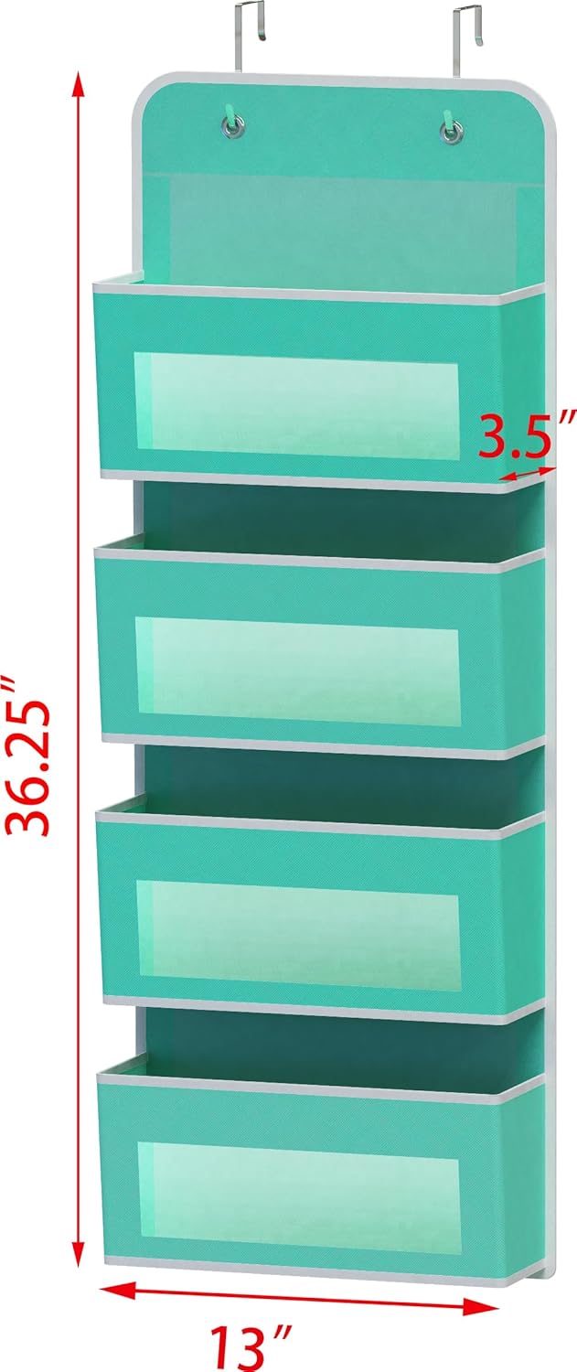 Simple Houseware 4 Clear Window Pocket Over Closet Door Storage Hanging Organizer for Bedroom, Bathroom, Pantry, Turquoise