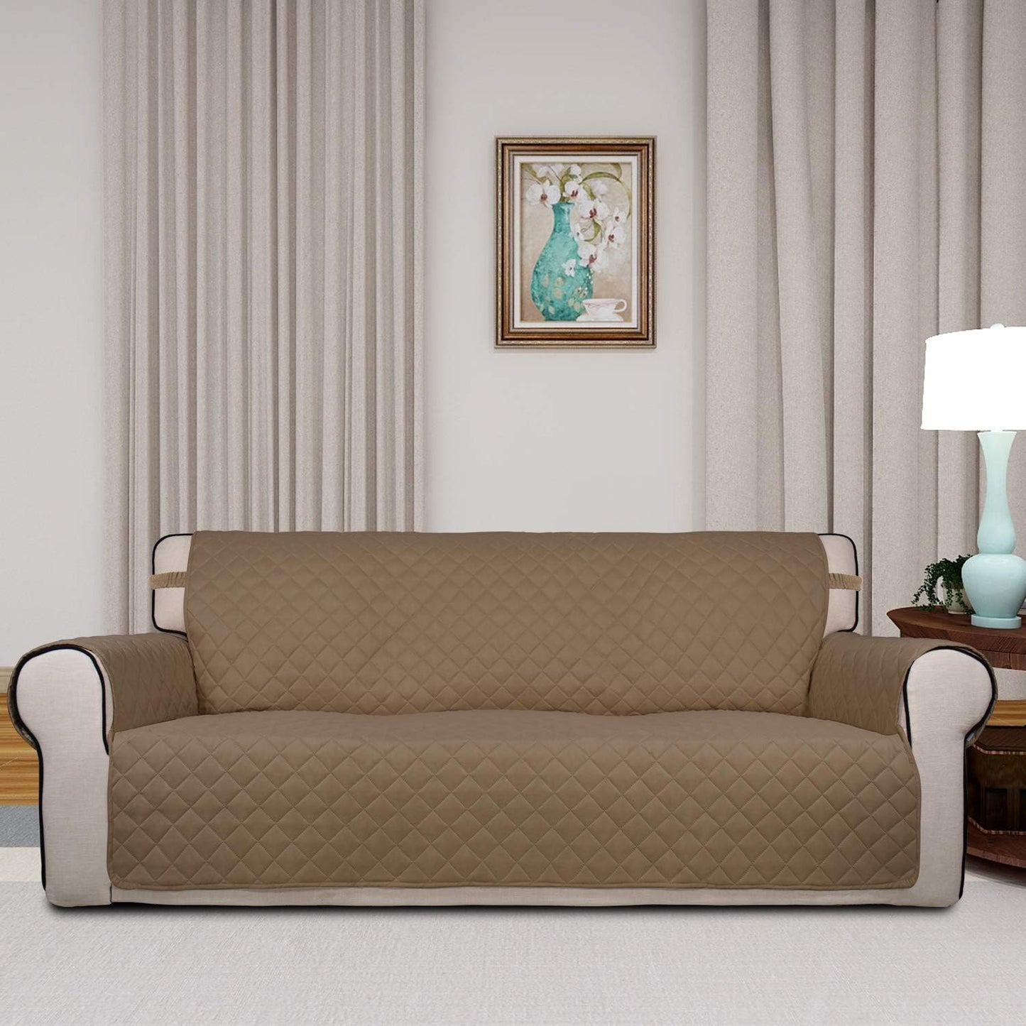 PureFit Reversible Quilted Sofa Cover, Water Resistant Slipcover Furniture Protector, Washable Couch Cover with Non Slip Foam and Elastic Straps for Kids, Dogs, Pets (X Large , Camel/Ivory)