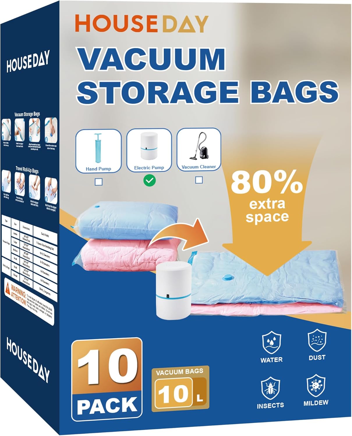 HOUSE DAY 10 Large Vacuum Seal Bags For Clothing Travel, 80% Space Saving Travel Vacuum Bags with Electric Pump, Vacuum Storage Bags For Clothes, Comforters, Bedding, Moving, Storage & Organization