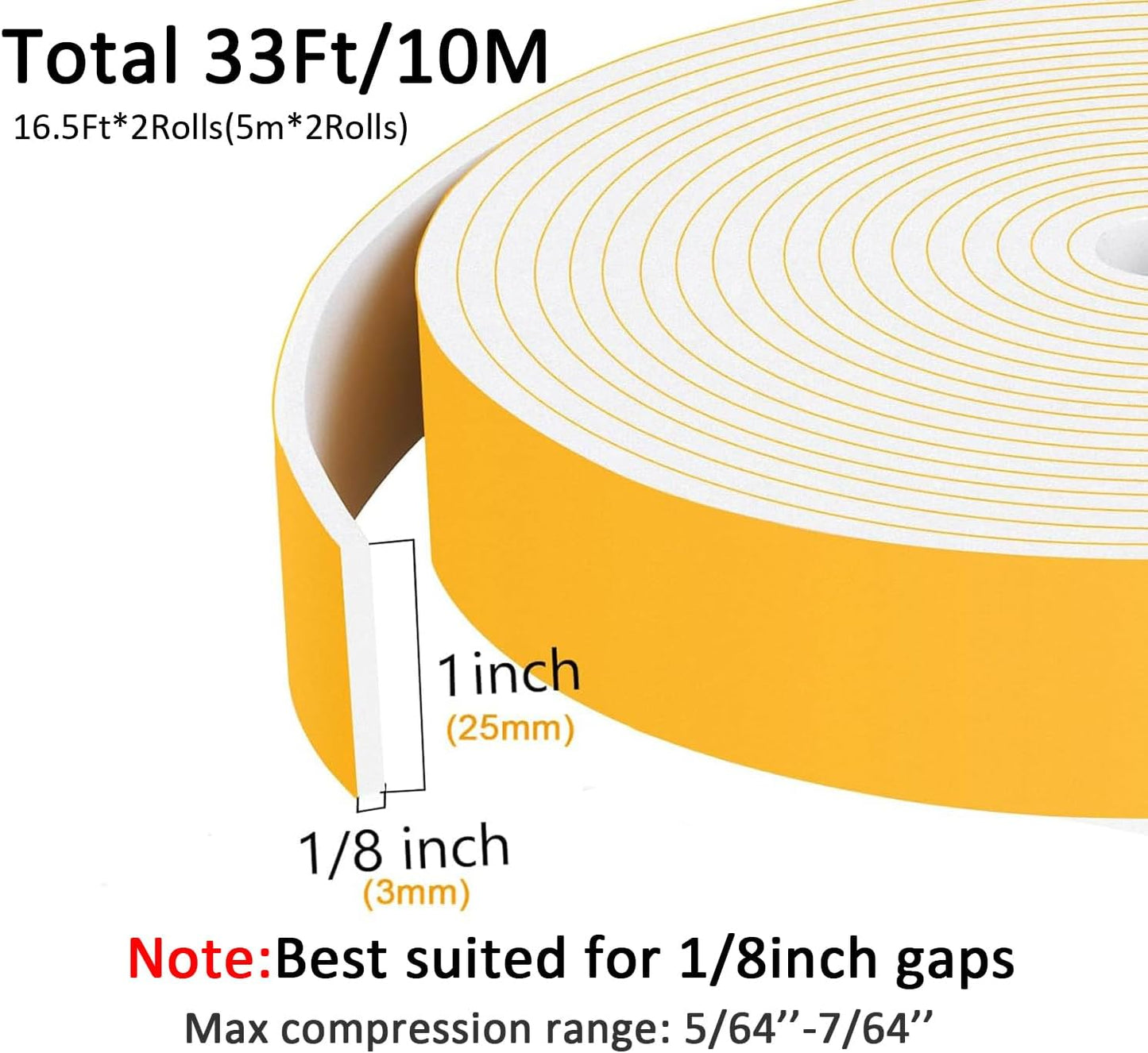 White Strong Adhesive Foam Sealing Weather Stripping, High Density Door Insulation Strip, Closed Cell Foam Weather Stripping for Doors and Windows Insulation (1 in x 1/8 in x 33Ft)