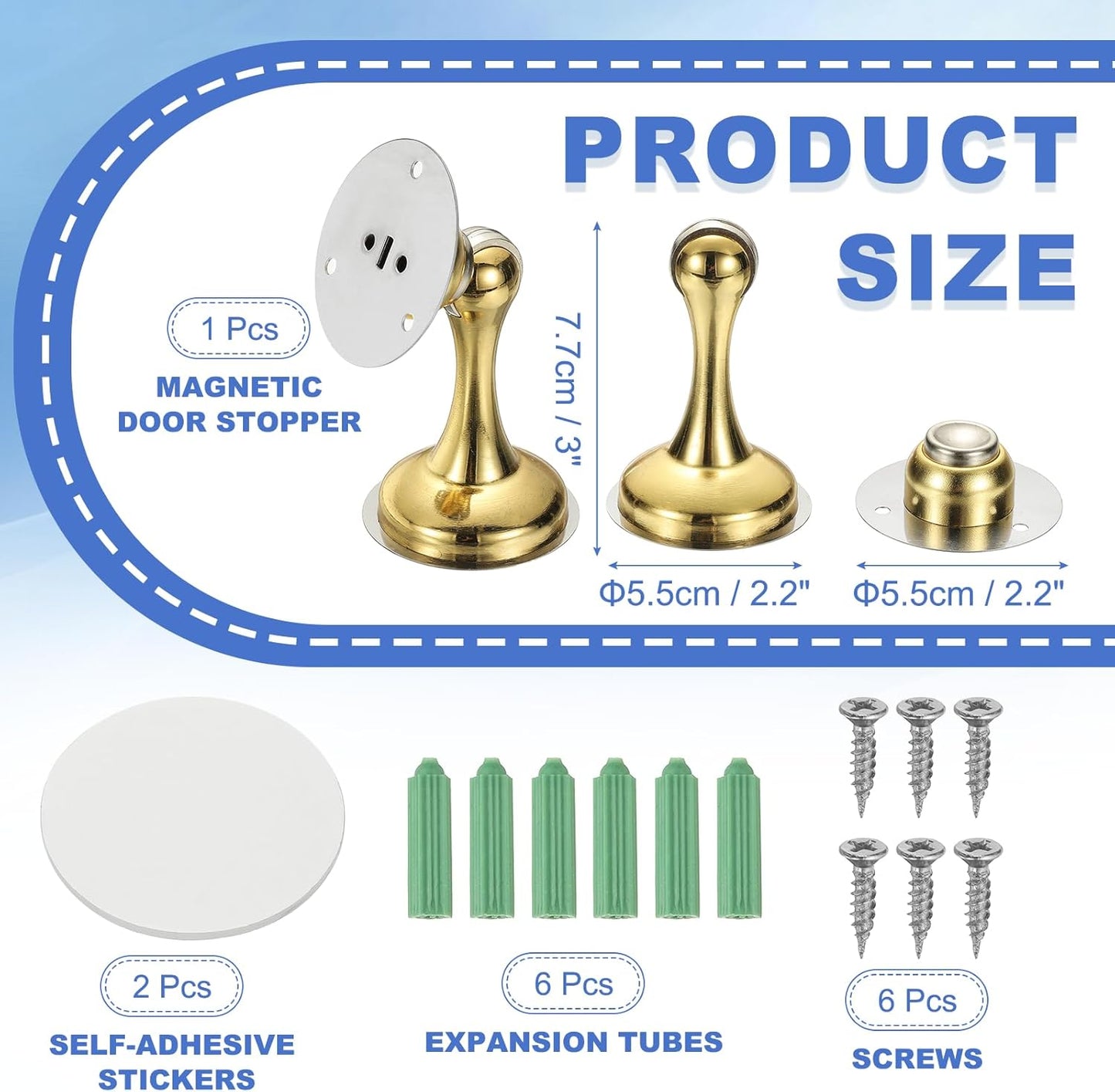 uxcell Magnetic Door Stopper, Stainless Steel Heavy Duty Door Holder, No Drilling Doors Knob Wall Protector with Self-AdhesiveTapes and Screws for Home Office Wall Floor Mounting, Gold