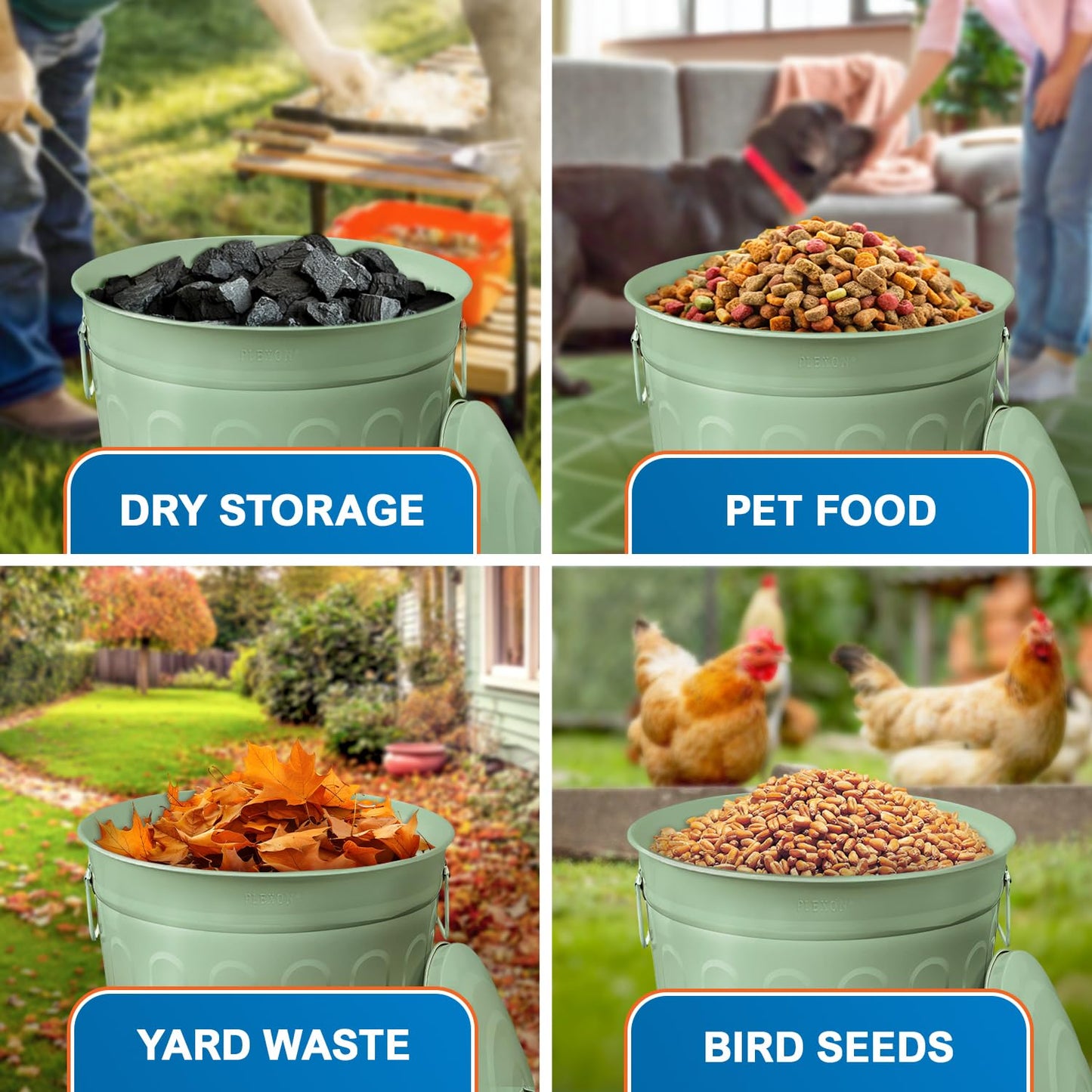 Plexon Round Trash Can 13 Gallon, Vintage Metal Outdoor Trash Can with Lid, Retro Farmhouse Garbage Container, Old School Modern Ash Bucket, Green 3 Pack