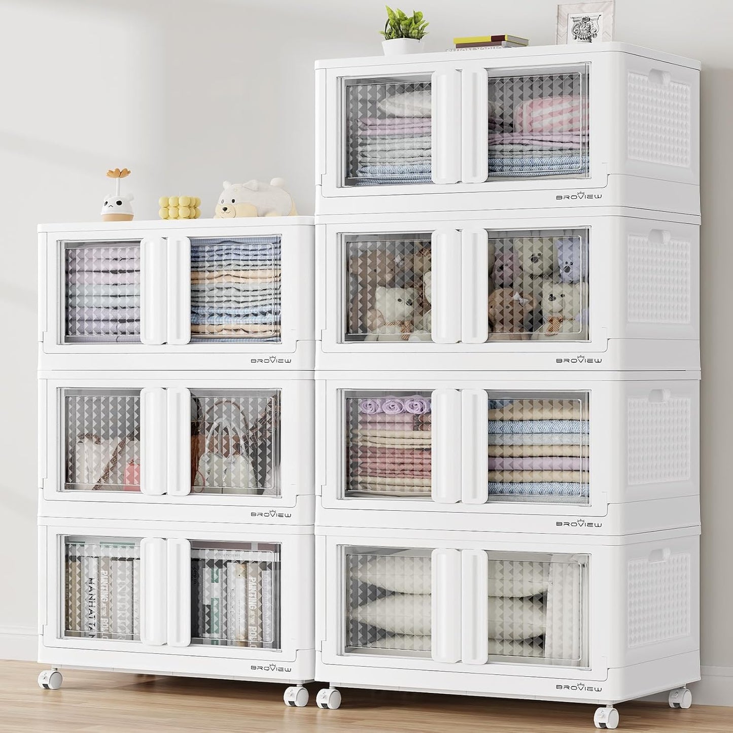 BROVIEW 140Gal Stackable Storage Bins with Lids & Wheels, 560Qt Plastic Collapsible Closet Organizer and Storage Drawers, Storage Boxes Cabinets for Home, Office, 7 Pack, White