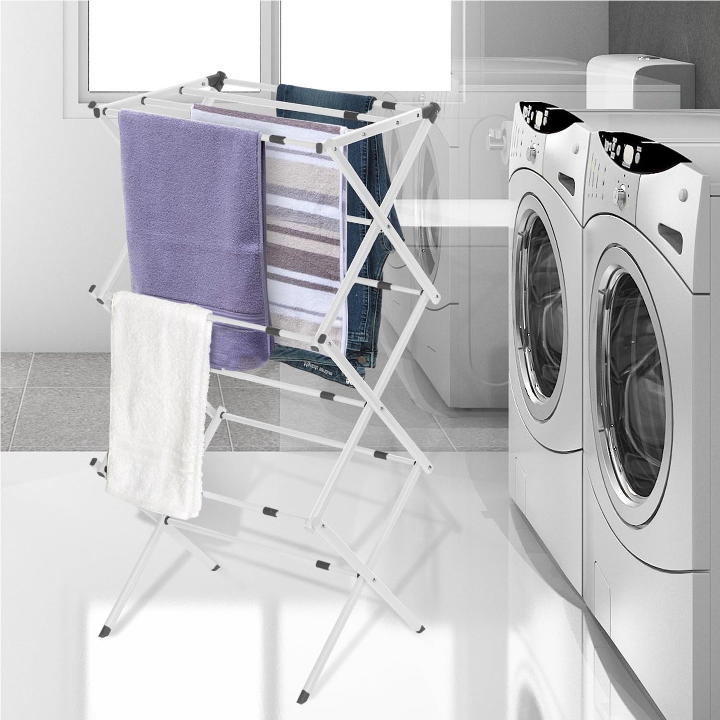 BLACK+DECKER 3 Tier Expandable Collapsing Foldable Laundry Rack for Air Drying Clothing, Space Saving Heavy Duty Lightweight Metal Drying Rack(White)