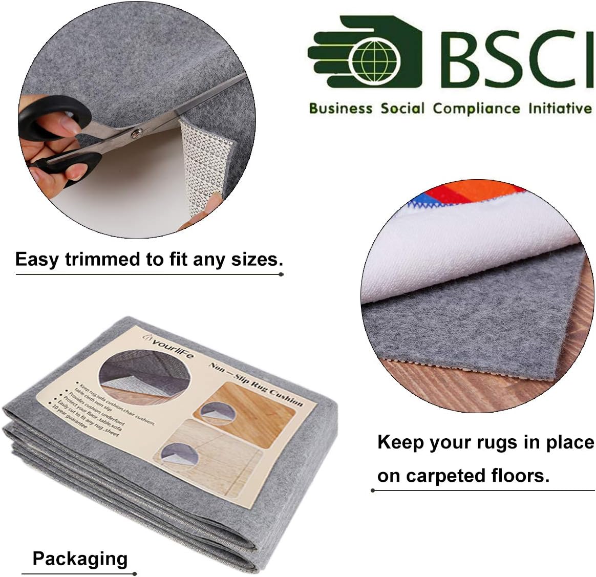 Non Slip Rug Pad Grippers - 8x10, 1/8" Thick, (Felt + Rubber) Double Layers Area Carpet Mat Tap, Provides Protection and Cushioning for Hardwood or Tile Floors