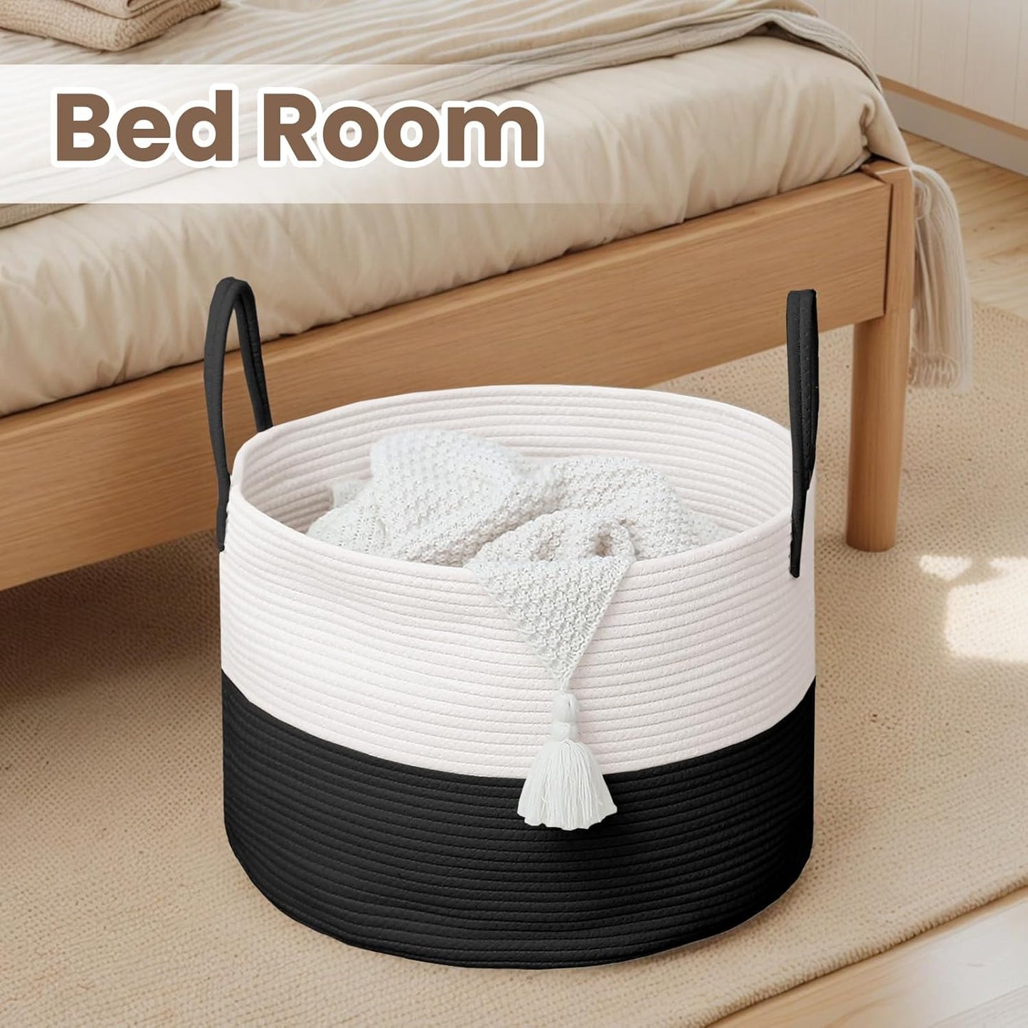 Woven Blanket Basket,65L Large Rope Storage Bin with Handles, Organizer for Blankets Toys Book and Clothes, Laundry Basket for Living Room Bedroom Nursery,White&Black