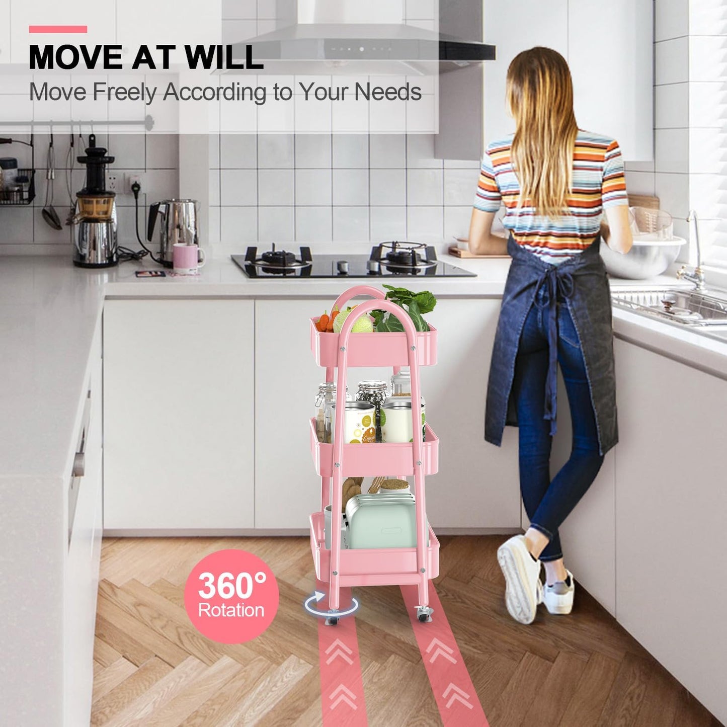 EAGMAK 3 Tier Utility Rolling Cart, Metal Storage Cart with Handle and Lockable Wheels, Multifunctional Storage Organizer Trolley with Mesh Baskets for Kitchen, Living Room, Office, Garage (Pink)