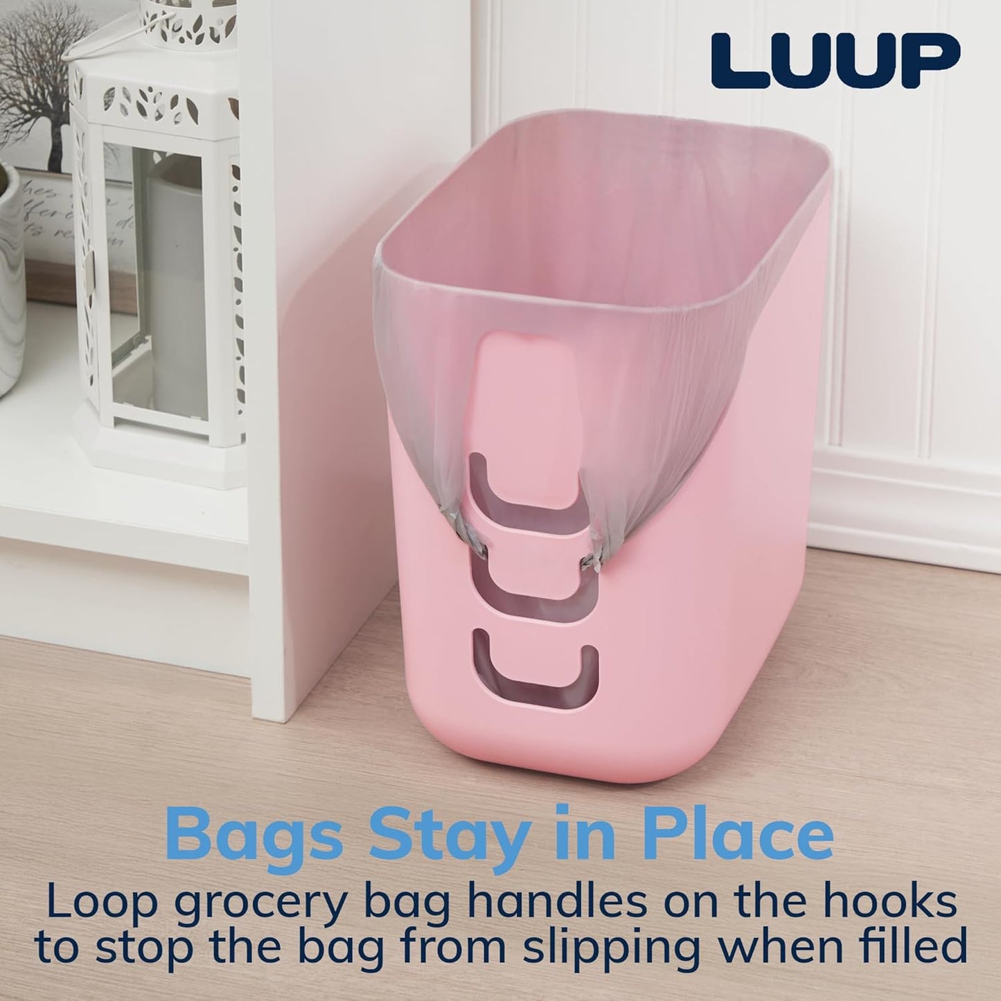 STORi Luup Bathroom Wastebasket, Secure Grocery Bags, Plastic Garbage Container for Vanity, Laundry Room, Kitchen, Office, 2.5 Gallon, Pink, Made in USA