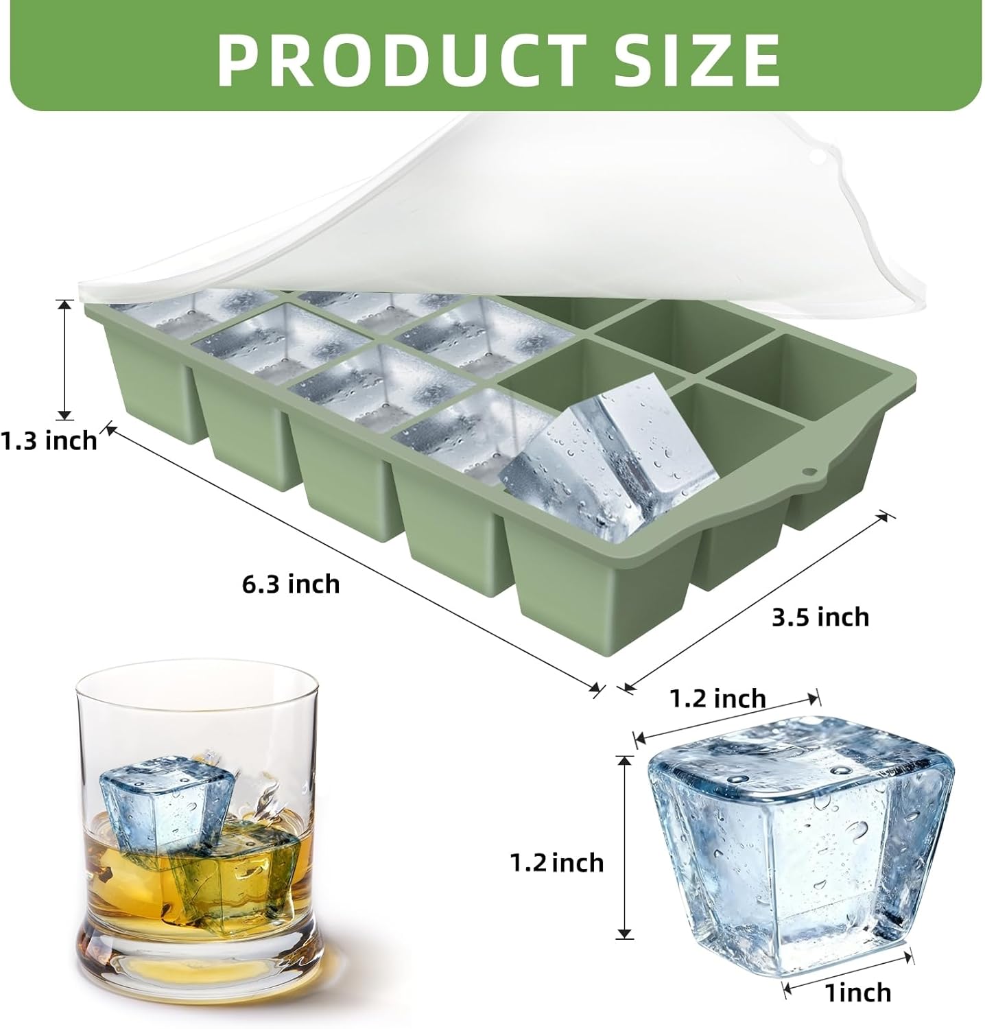 Silicone Ice Cube Tray, 2 Pack Easy-Release Stackable Ice Trays for Freezer with Lid 15 Reusable Cubes, Food Grade BPA Free Ice Molds for Whiskey, Baby Food, Coffee, Cocktail, Drinks (Green)