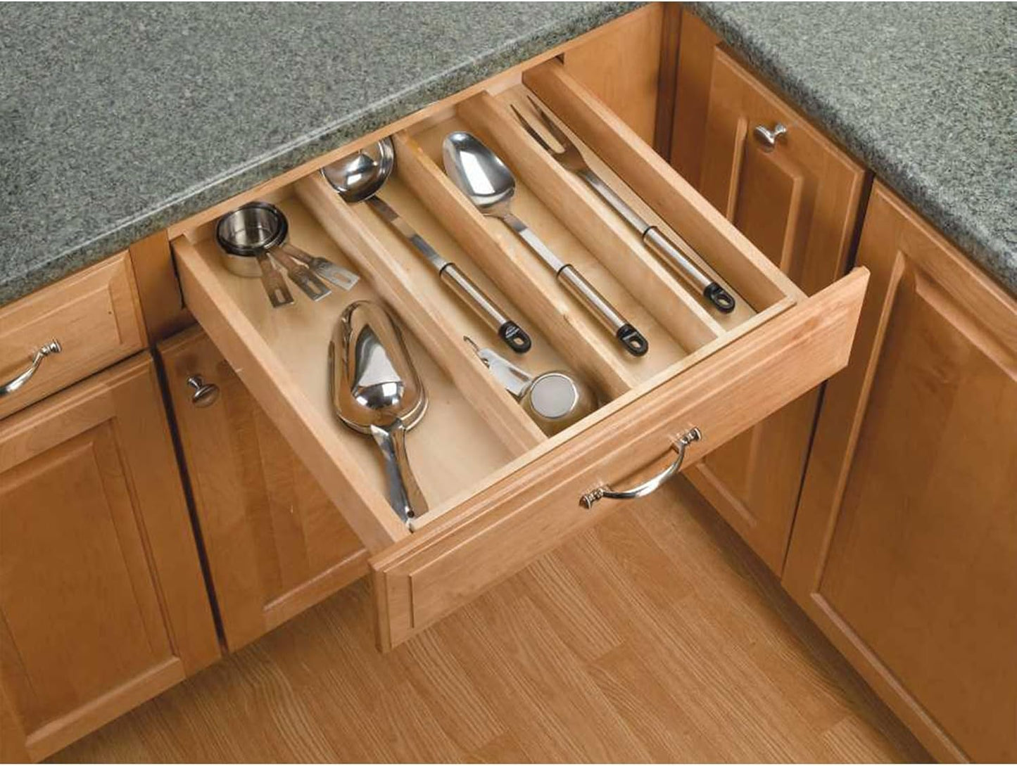 Rev-A-Shelf Trim-to-Fit Silverware Drawer Organizer For Kitchen Utensils, Cutlery Cabinet Storage Divider Insert, 18.5X22 X 2 7/8" D, Maple Wood, 4WUT-1
