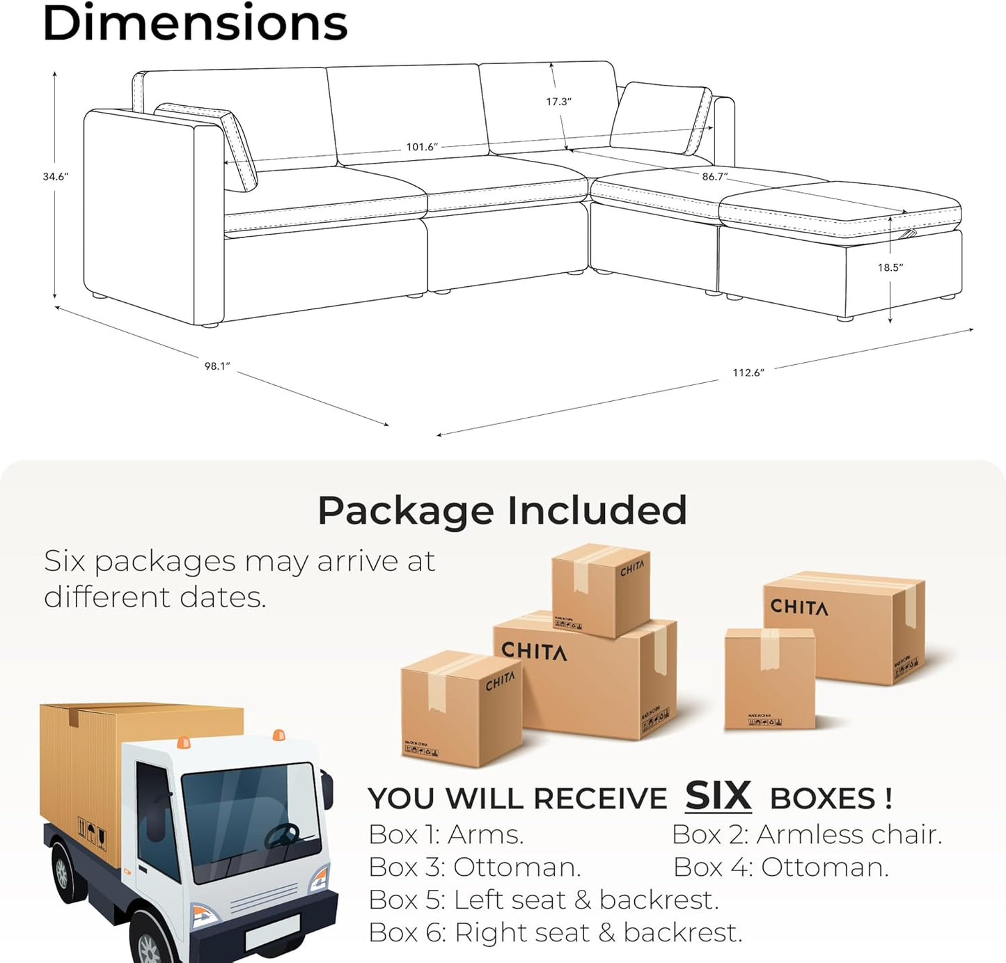 CHITA Oversized Modular Cloud Sectional Sofa Set, FSC Certified U Shaped Couch with Reversible Chaise Modular Sectional Couch, 112 inch Width,5 Seat Modular Sofa Includes 2 Storage Ottomans, Blue