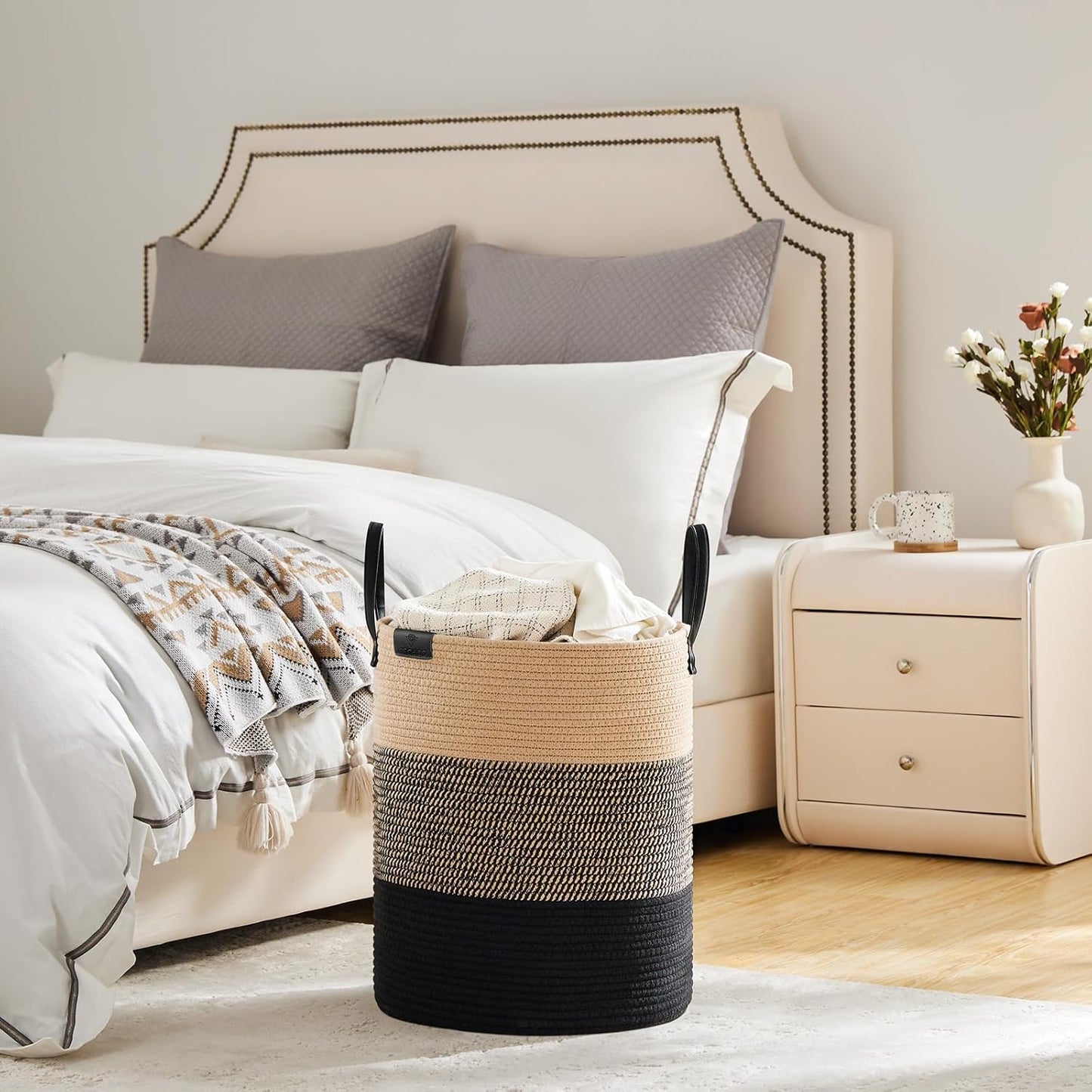 VIPOSCO Tall Laundry Basket, Large Dirty Clothes Hamper with Leather Handle, Woven Rope Storage Basket for Blanket, Toy In Living Room, Bathroom, Bedroom - 53L Brown & Black