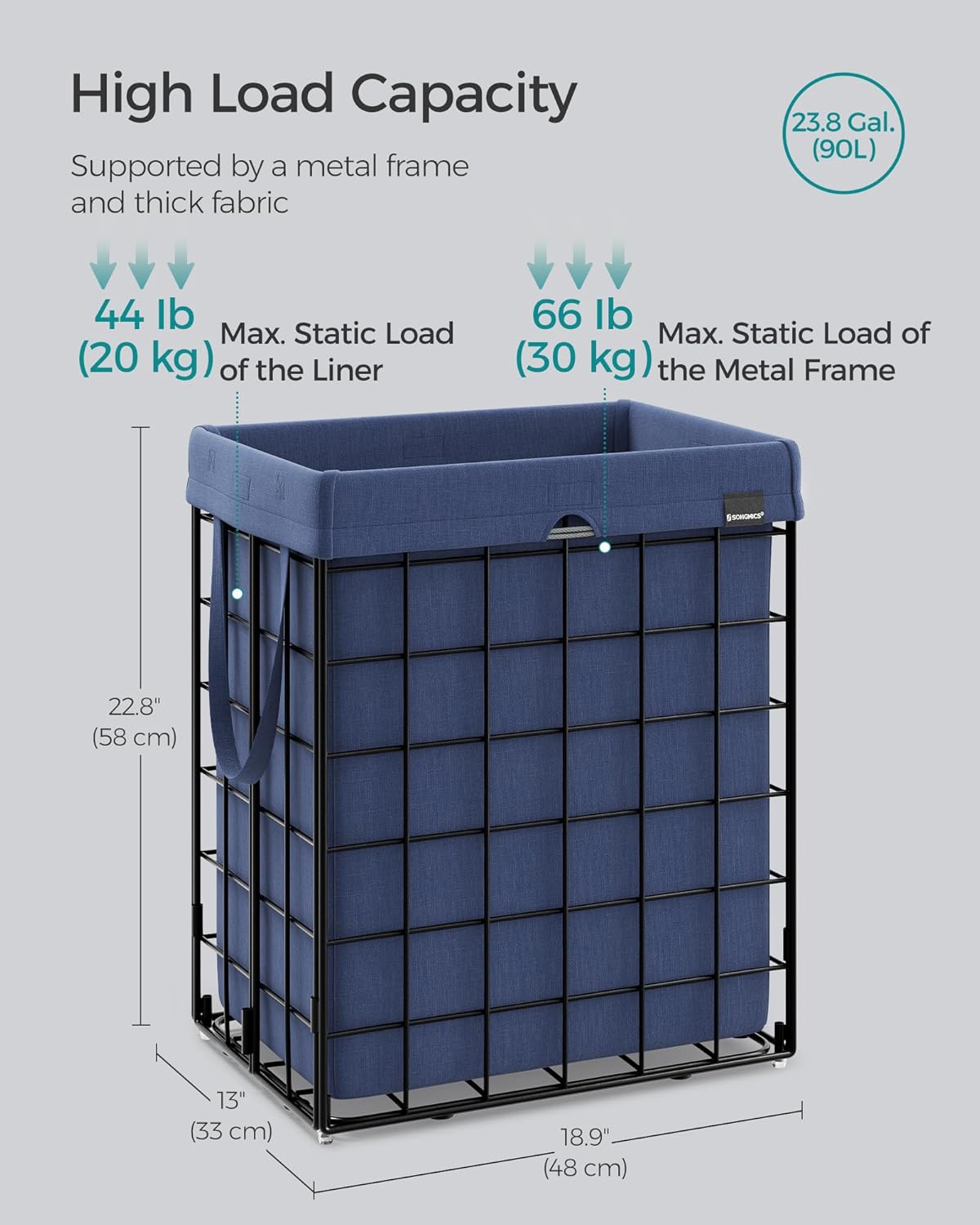 SONGMICS Laundry Hamper, 23.8 Gal. (90L) Laundry Basket, Collapsible Clothes Hamper, Removable and Washable Liner, Metal Wire Frame, for Bedroom Bathroom, Black and Charcoal Blue ULCB190Q01
