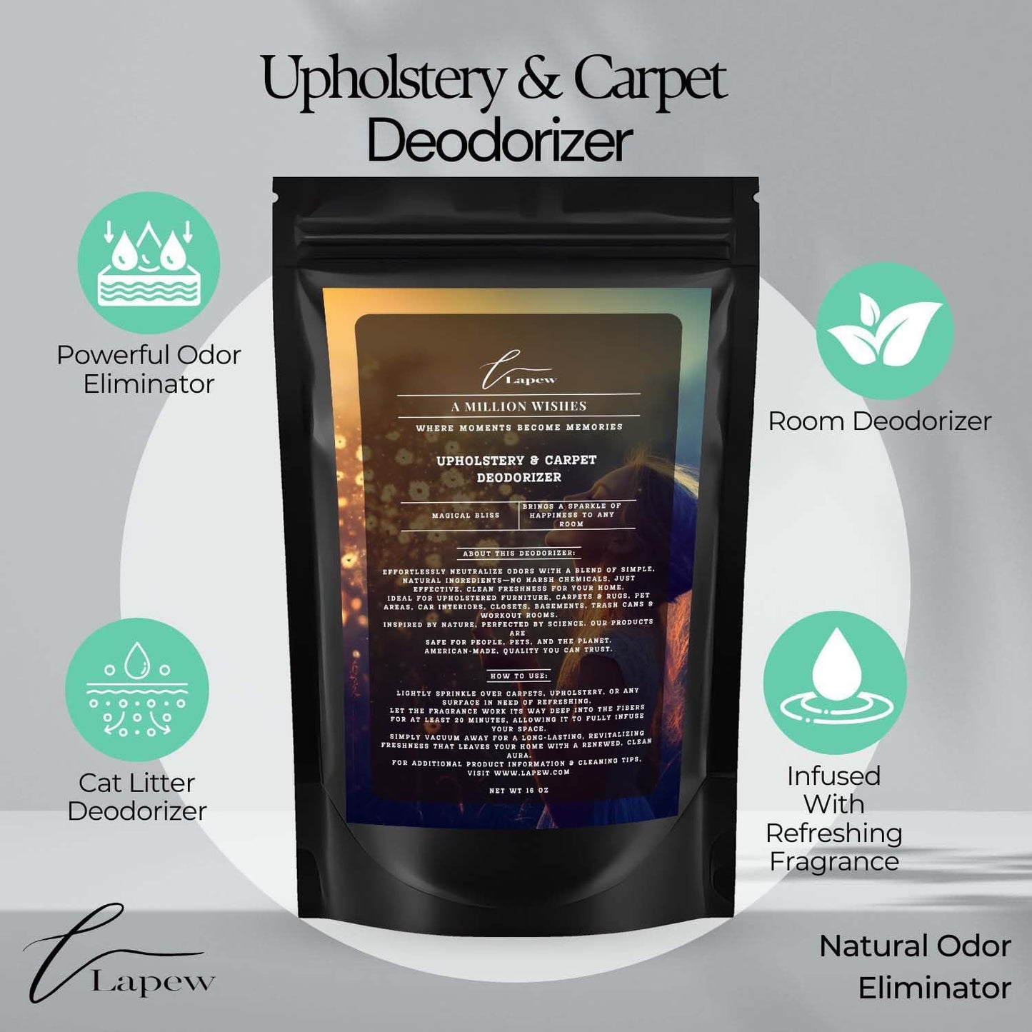 A Million Wishes Carpet Freshener Powder: Powerful Odor Eliminator for Home, Upholstery Deodorizer, Carpet Deodorizer, Pet Urine, Cat Litter Box - A Million Wishes Fragrance.