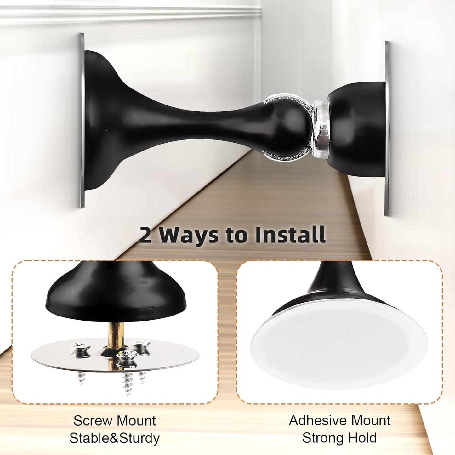 Probrico Black Magnetic Door Stoppers for Bottom of Door, Stainless Steel Magnet Door Catch Door Stops to Keep Door Open, Heavy Duty Door Holder, Wall and Floor Mounting, 6 Pack