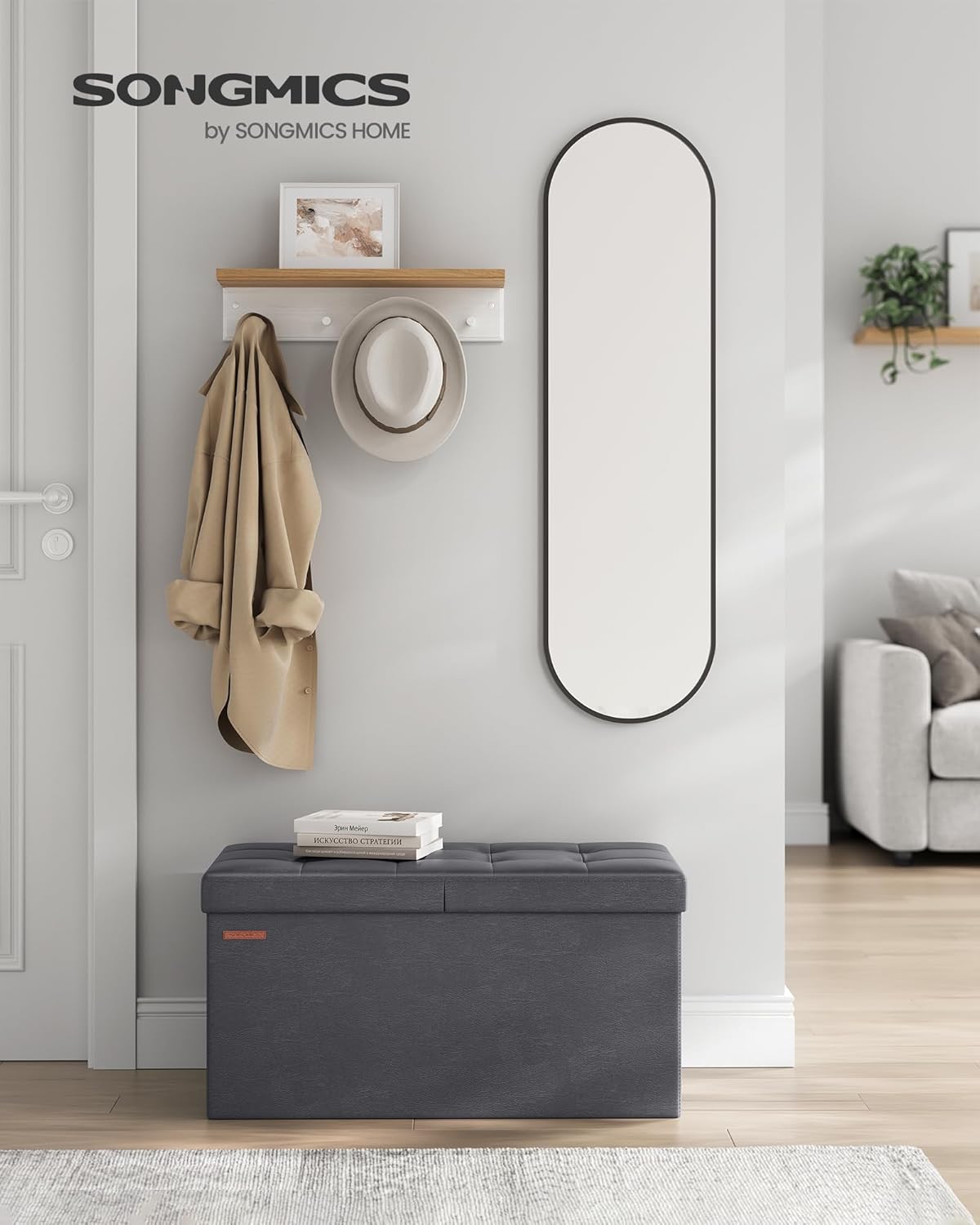 SONGMICS MAZIE Collection - 30 Inches Storage Ottoman Bench with Flipping Lid, Storage Chest Footstool, Load 660 lb, for Entryway, Living Room, Bedroom, Synthetic Leather, Dark Gray ULSF045G01